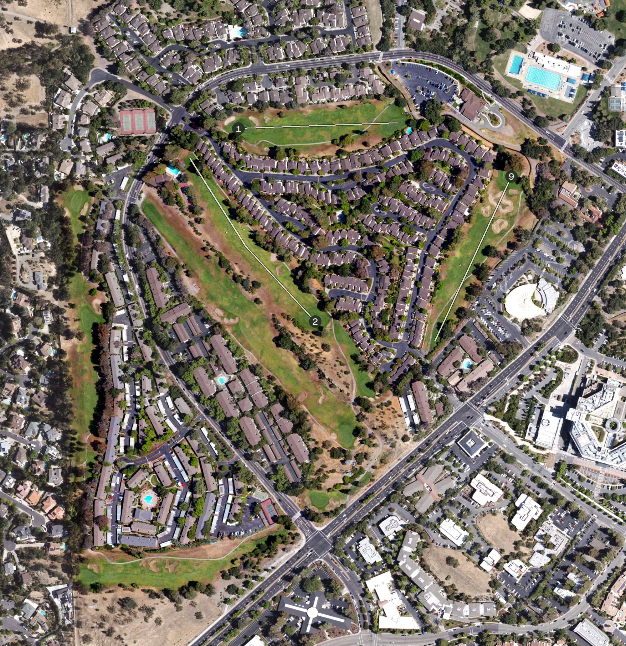 Aerial view of Diablo Hills Golf Course, CA, with its hole routing marked
