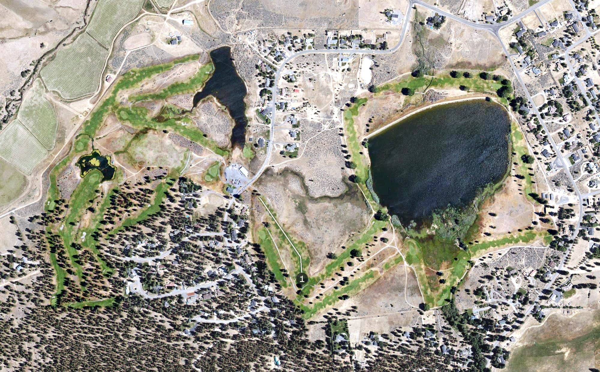 Aerial view of Diamond Mountain Golf Course, CA, with its hole routing marked