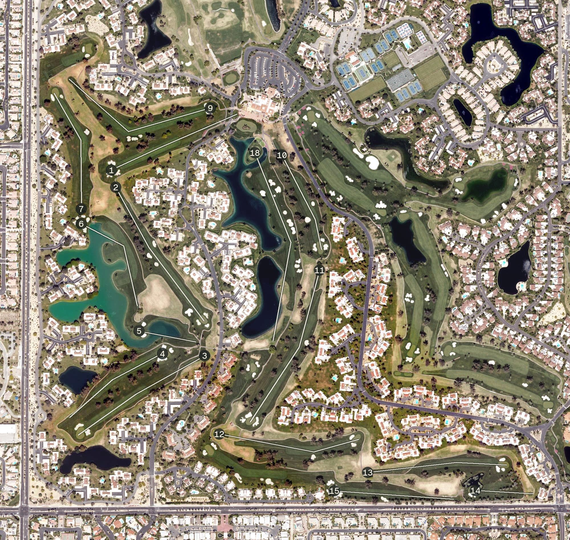 Aerial view of Dinah Shore Tournament Course, CA, with its hole routing marked