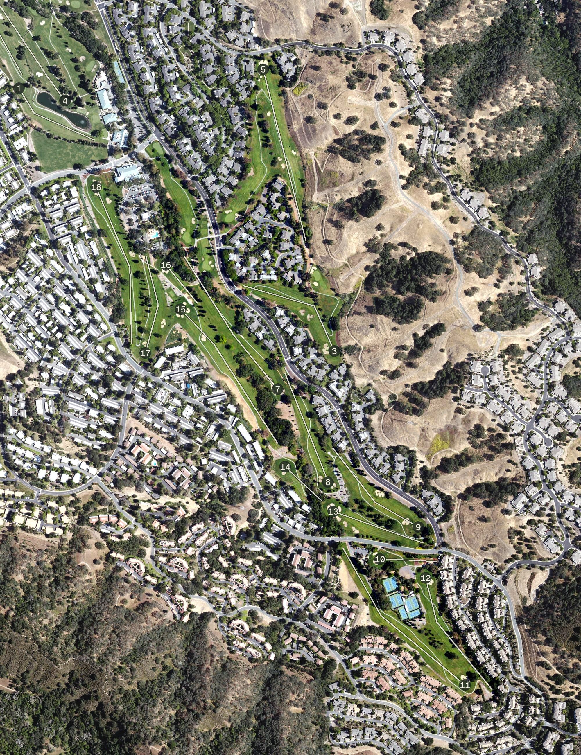 Aerial view of Dollar Ranch Golf Course, CA, with its hole routing marked