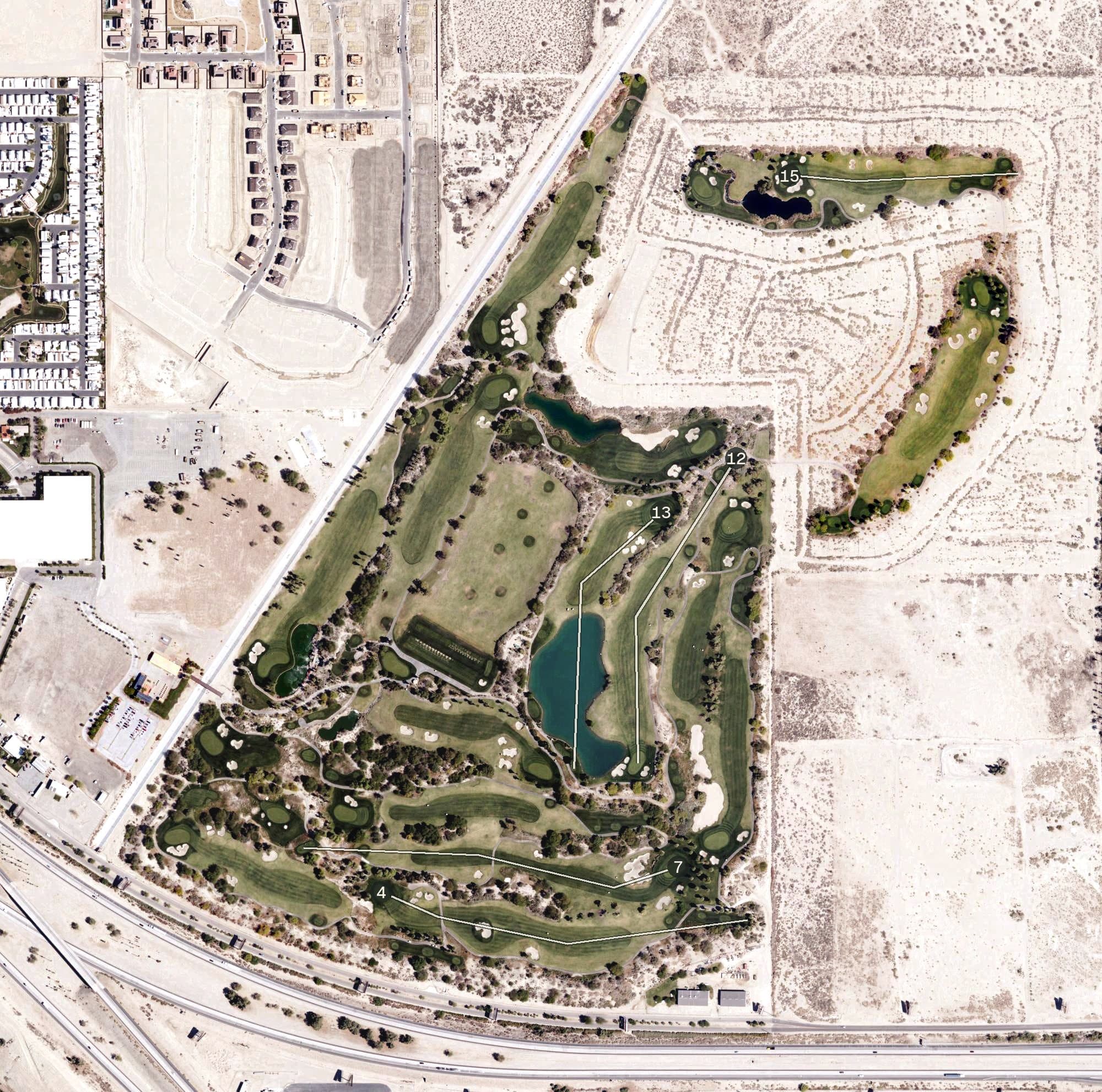 Aerial view of Eagle Falls Golf Course, CA, with its hole routing marked