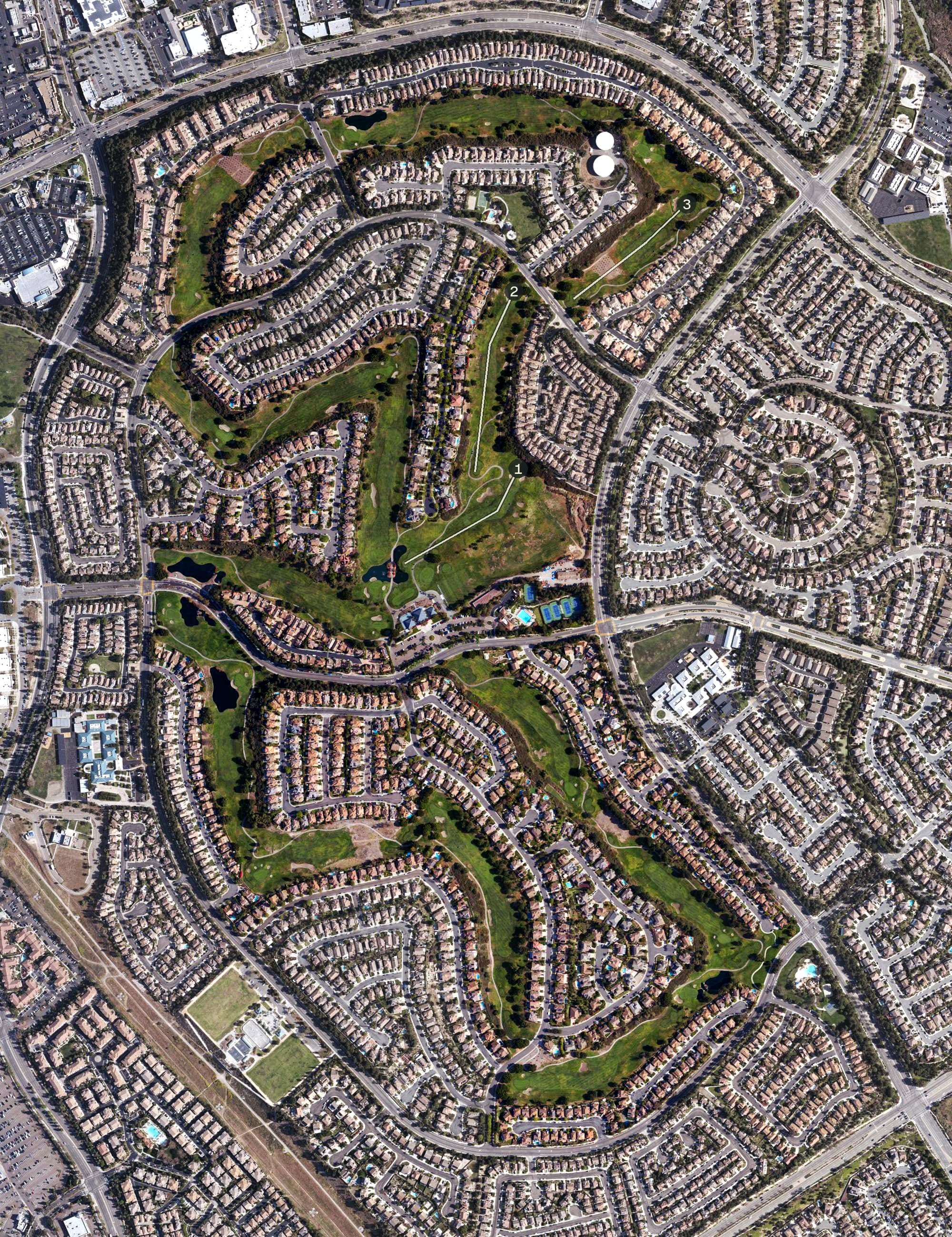 Aerial view of Eastlake Country Club, CA, with its hole routing marked