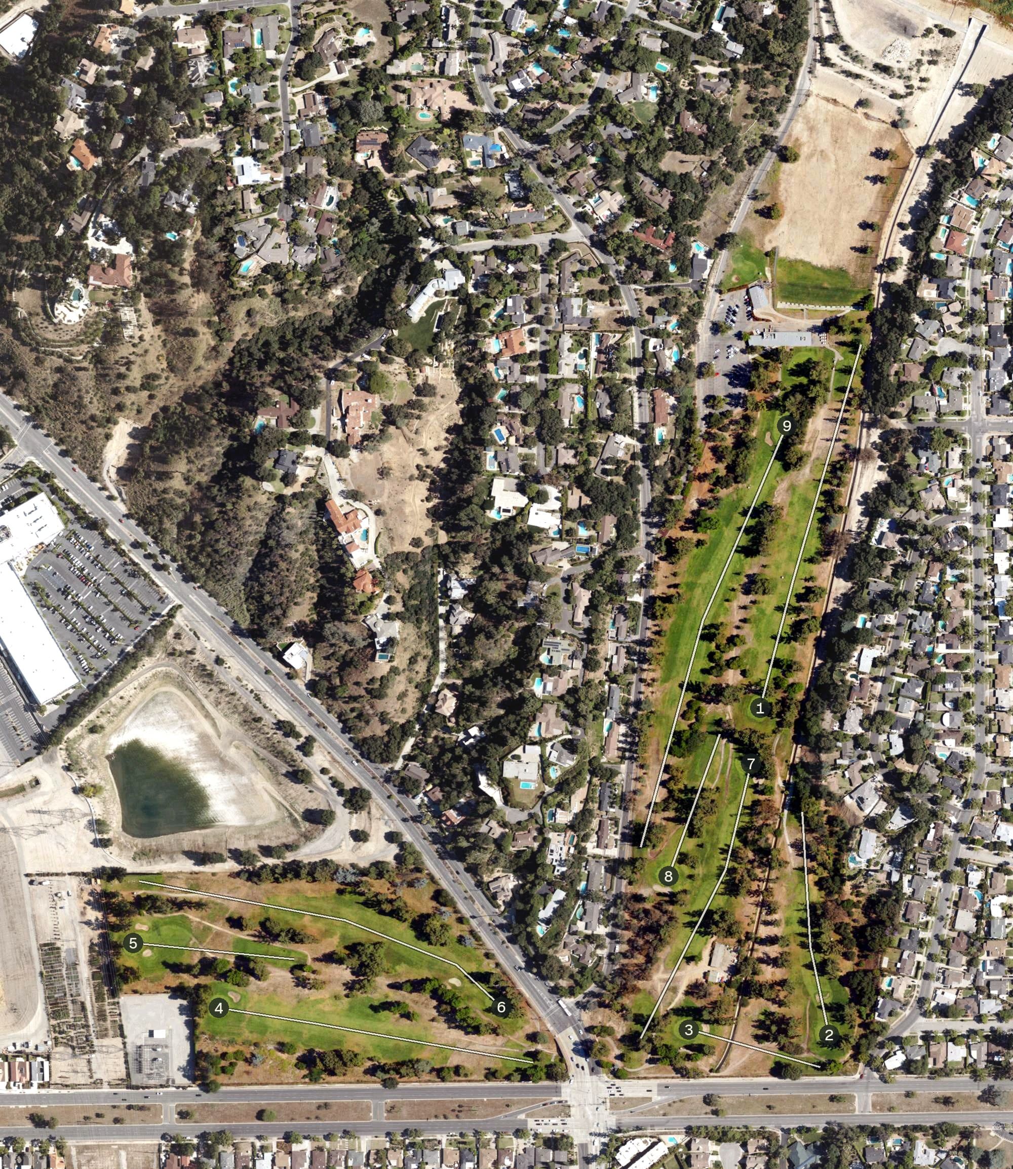 Aerial view of Eaton Canyon Golf Course, CA, with its hole routing marked