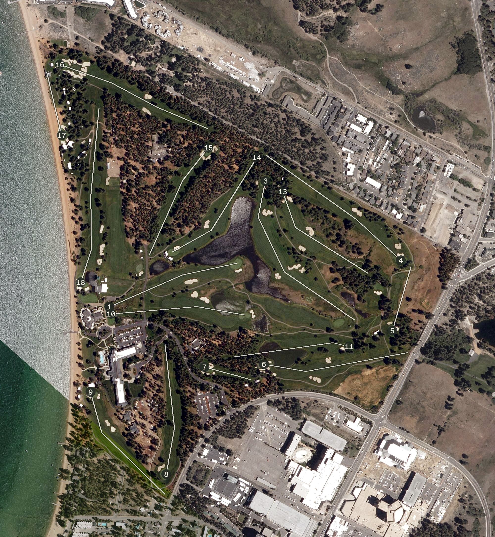 Aerial view of Edgewood Tahoe Golf Course, CA, with its hole routing marked