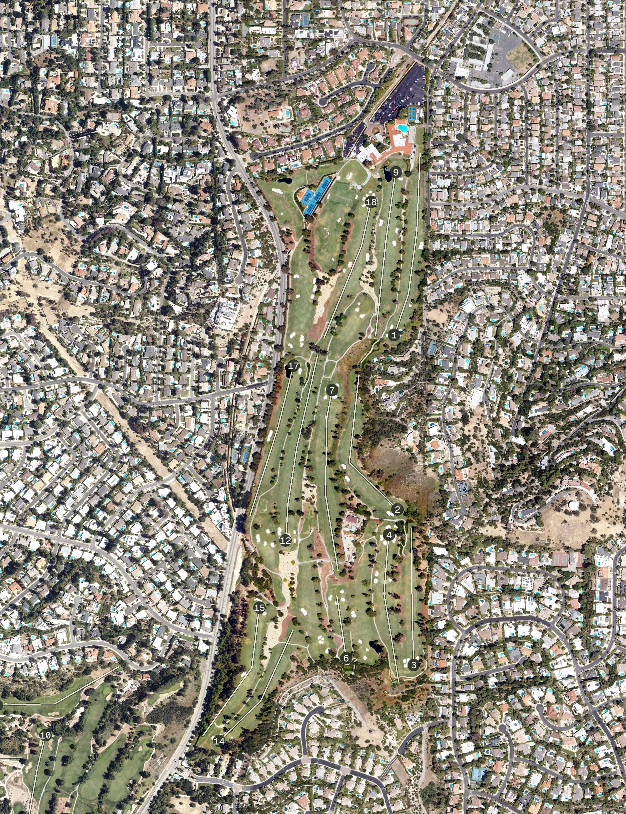 Aerial view of El Caballero Country Club, CA, with its hole routing marked