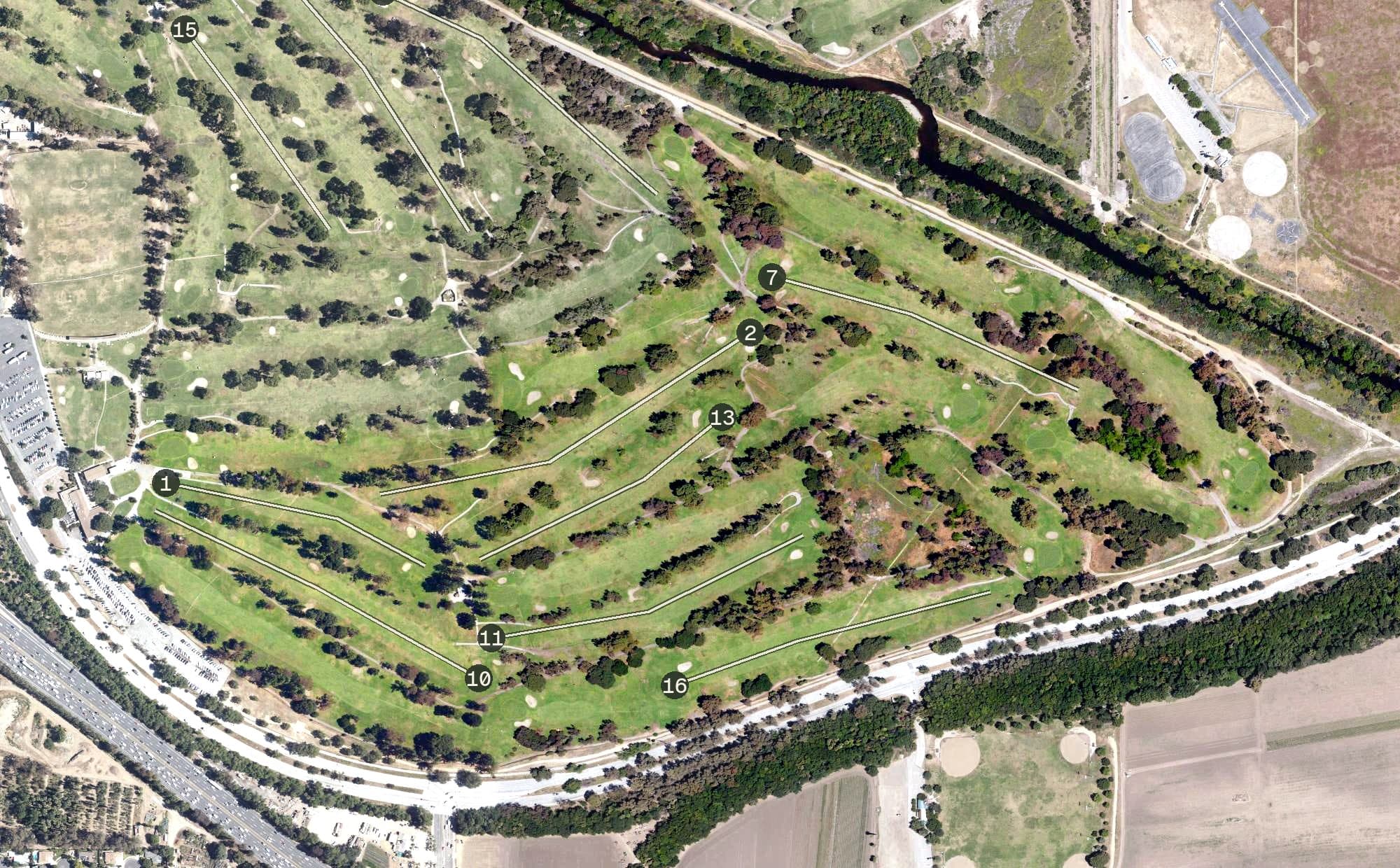 Aerial view of Encino Municipal Golf Course, CA, with its hole routing marked