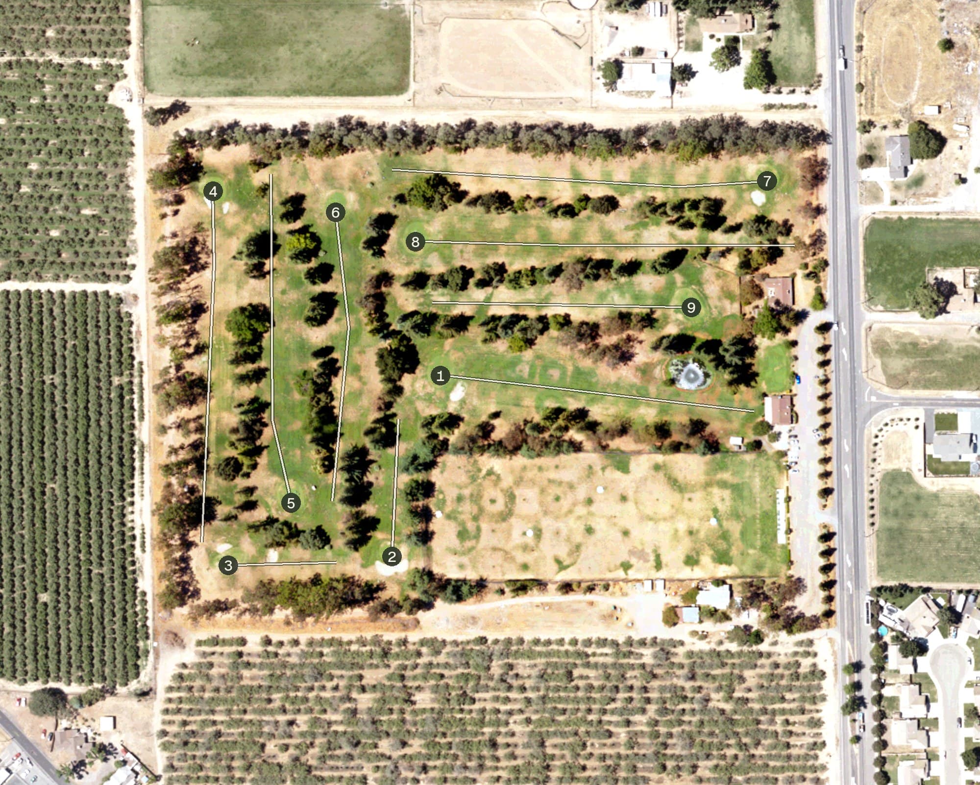 Aerial view of Escalon Golf Course, CA, with its hole routing marked