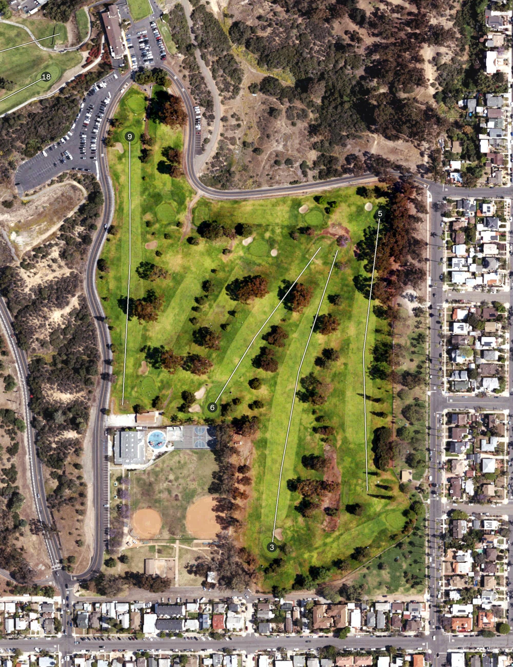 Aerial view of Executive Course, CA, with its hole routing marked