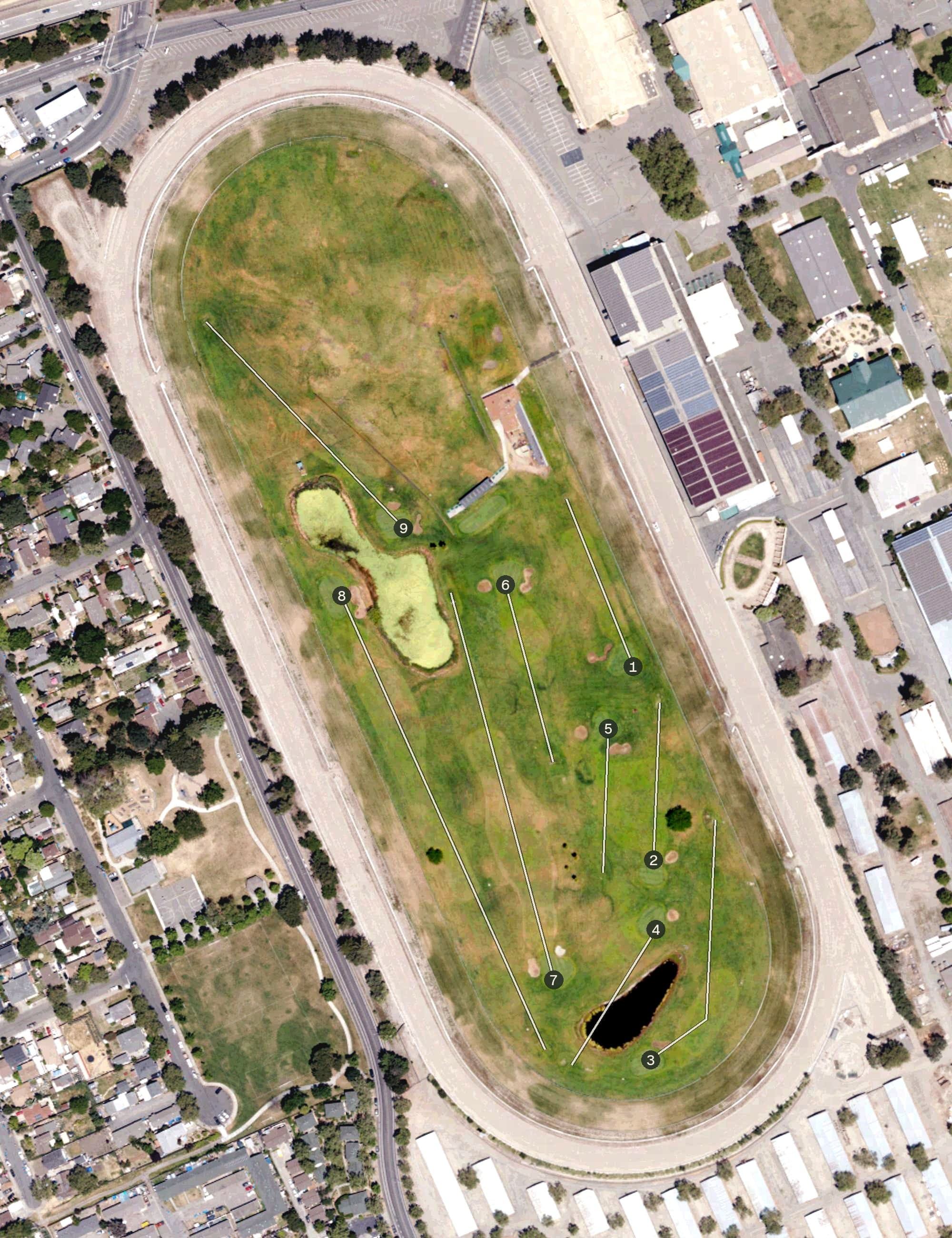 Aerial view of Fairgrounds Golf Course, CA, with its hole routing marked