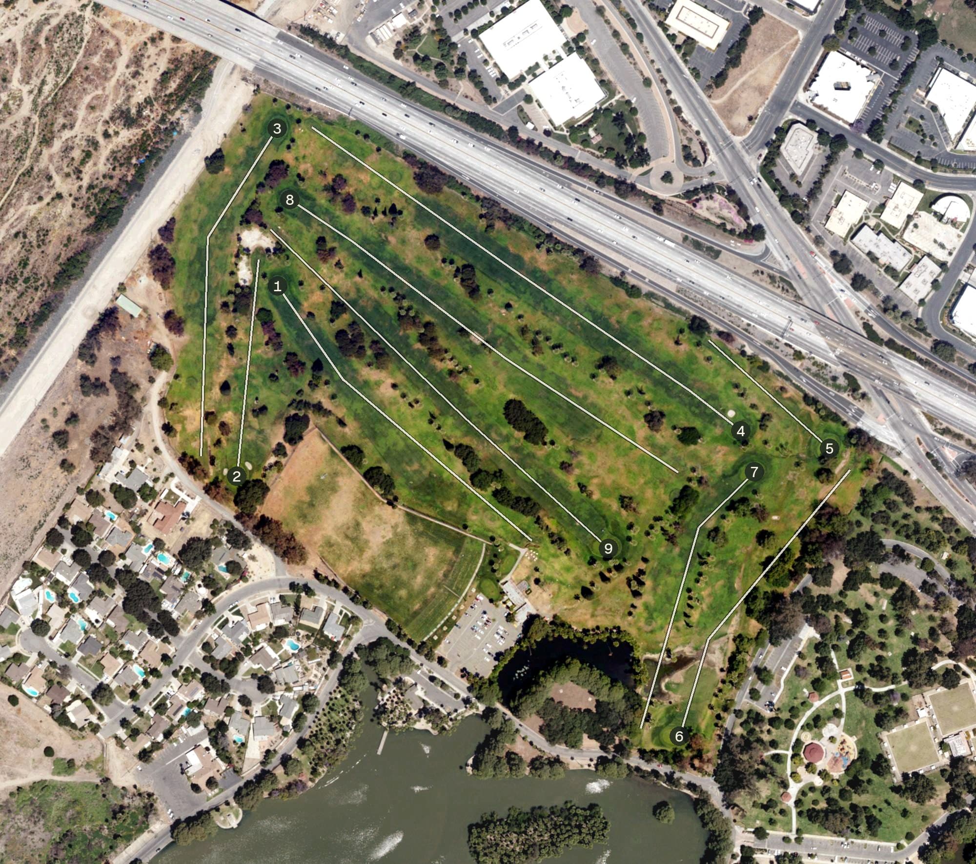 Aerial view of Fairmont Park Golf Course, CA, with its hole routing marked