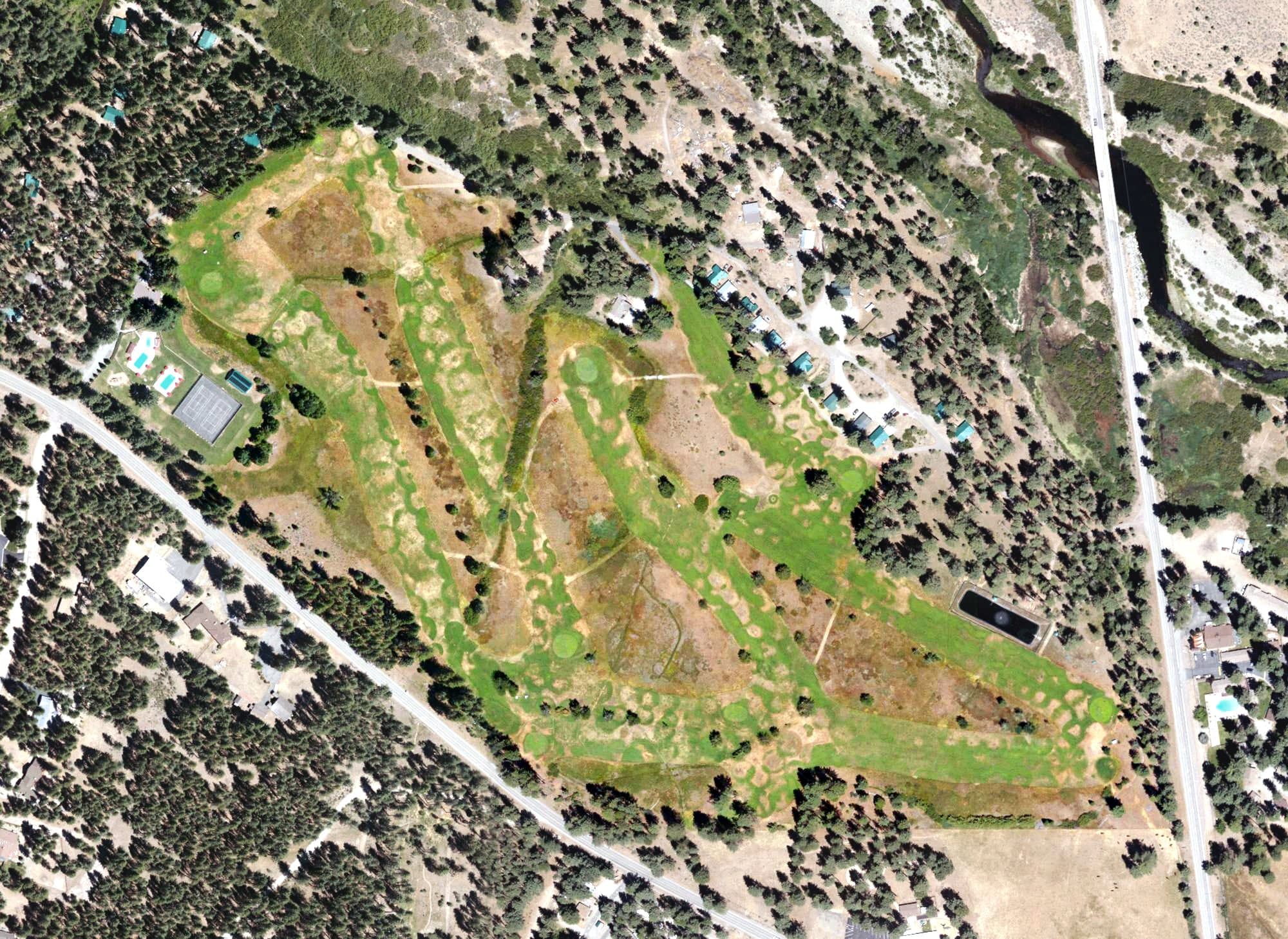 Aerial view of Feather River Park Resort, CA, with its hole routing marked