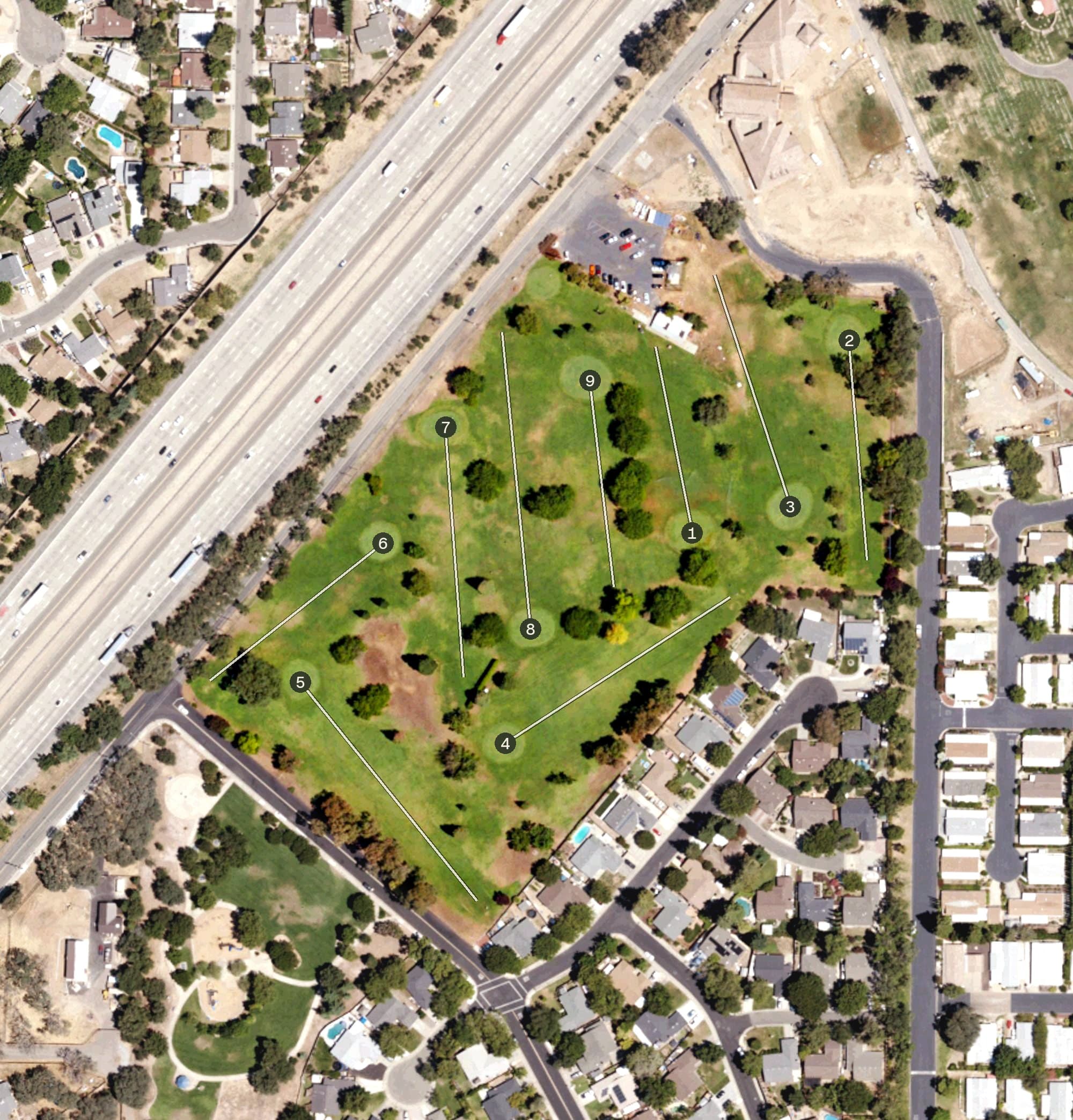 Aerial view of Foothill Golf Course, CA, with its hole routing marked
