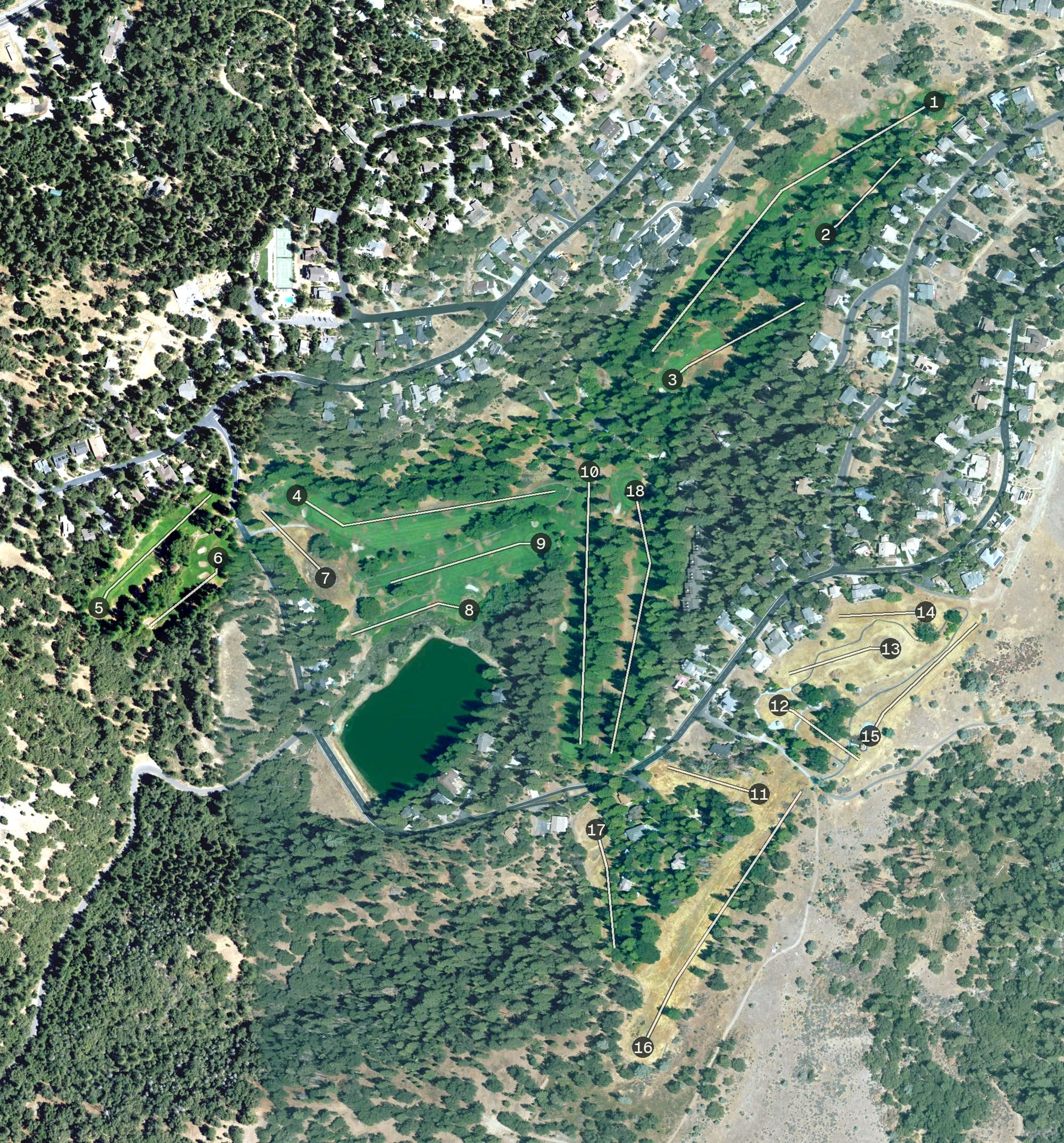 Aerial view of Forest Meadows Golf Course, CA, with its hole routing marked