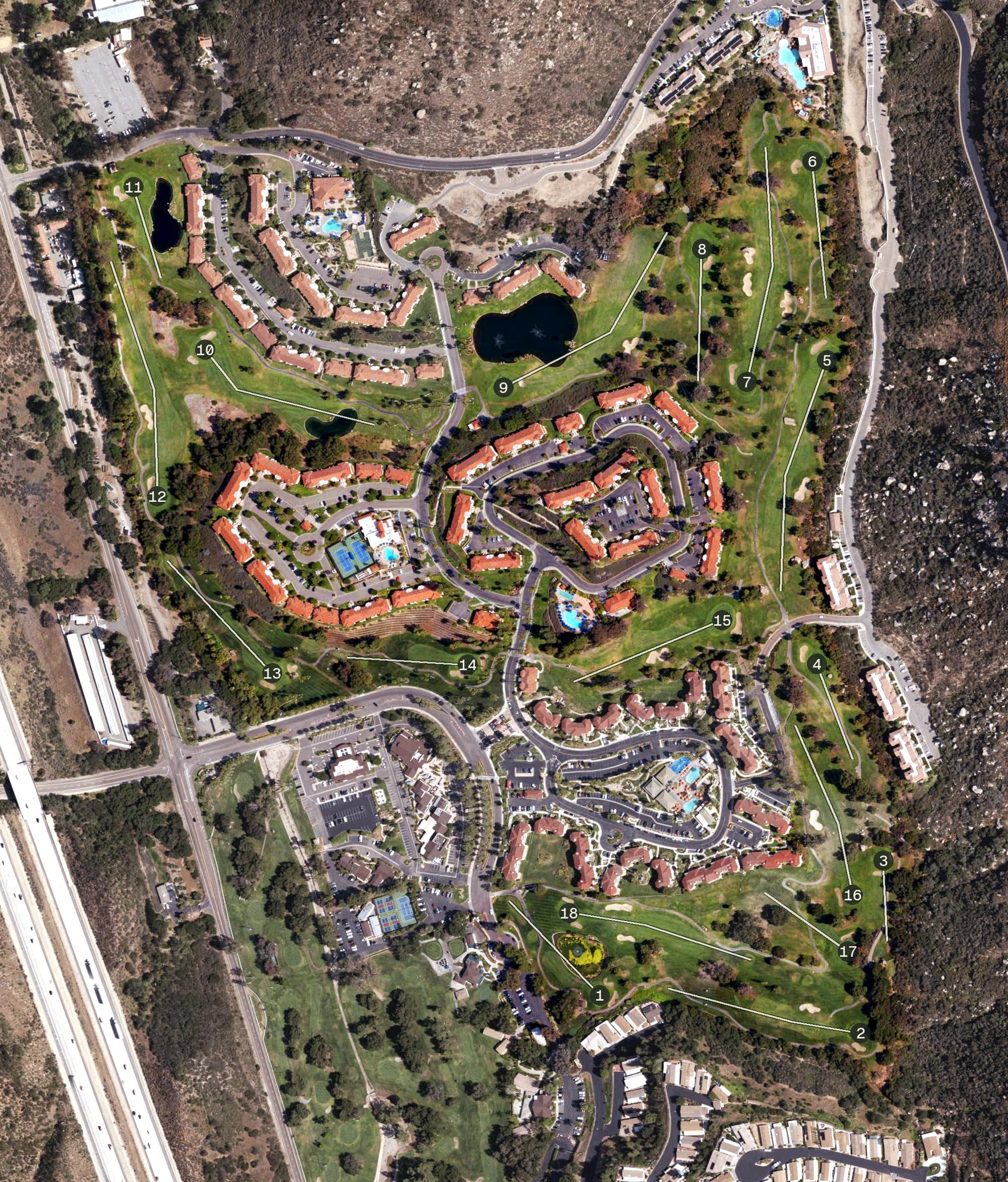 Aerial view of Fountains Course, CA, with its hole routing marked