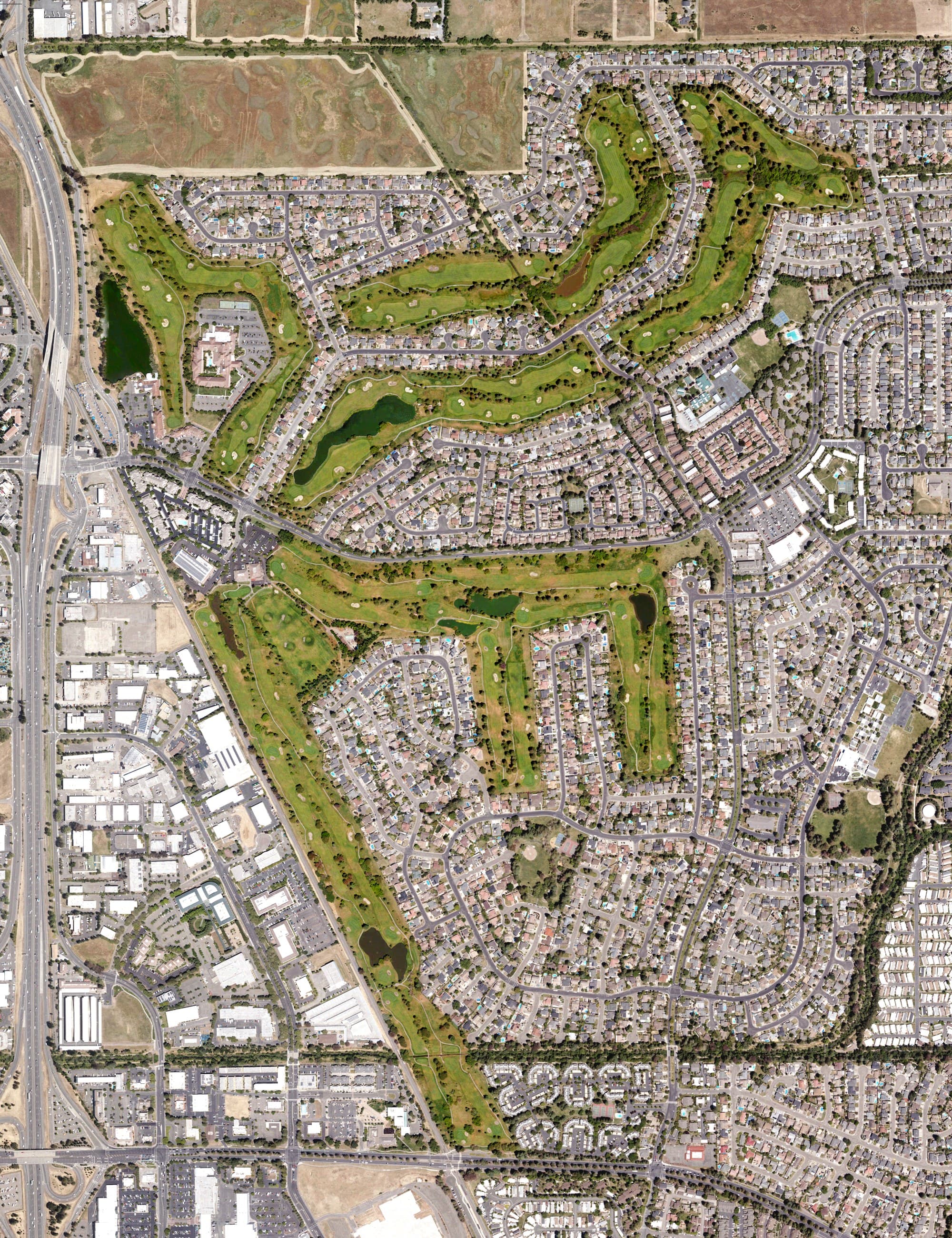 Aerial view of Foxtail Golf Club, CA, with its hole routing marked