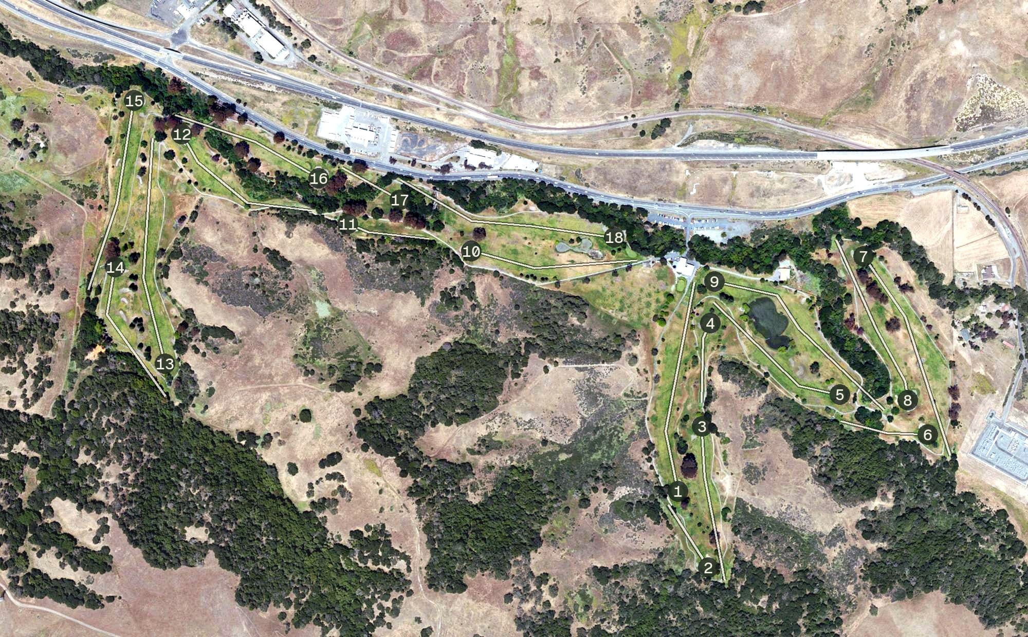 Aerial view of Franklin Canyon Golf Course, CA, with its hole routing marked