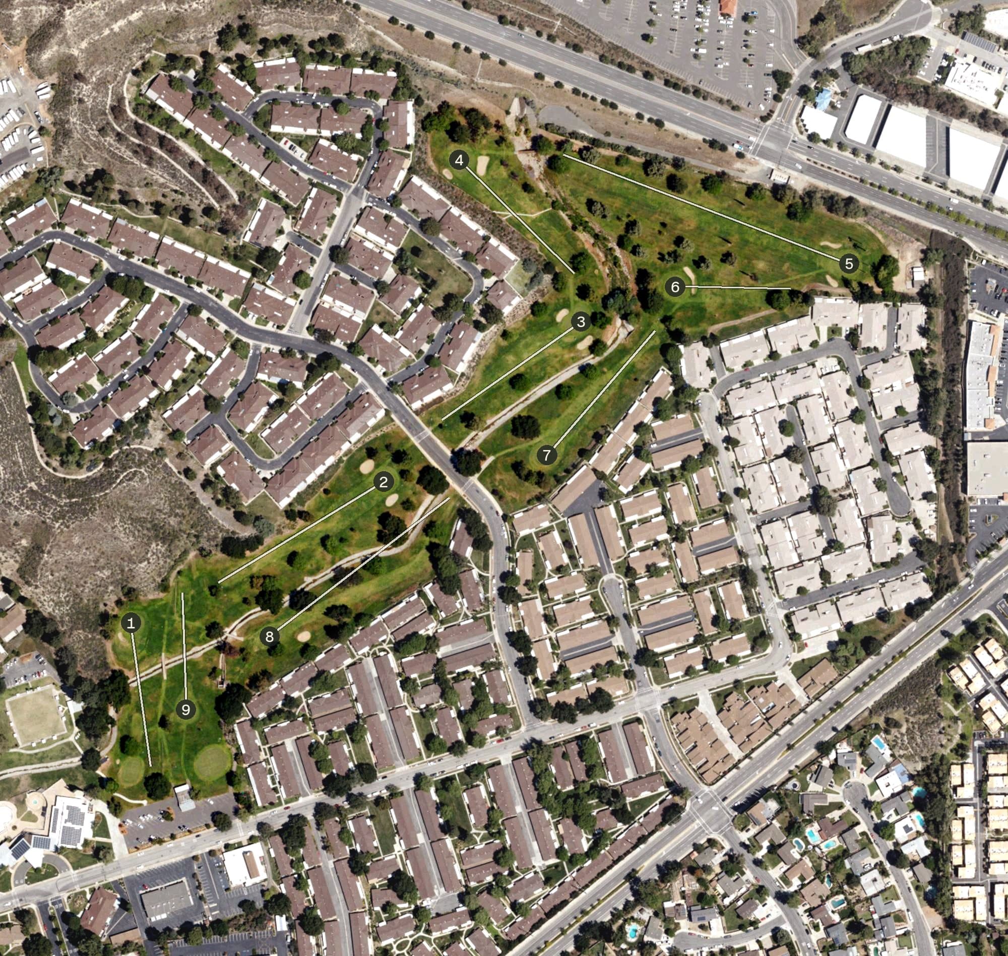 Aerial view of Friendly Valley Golf Course, CA, with its hole routing marked