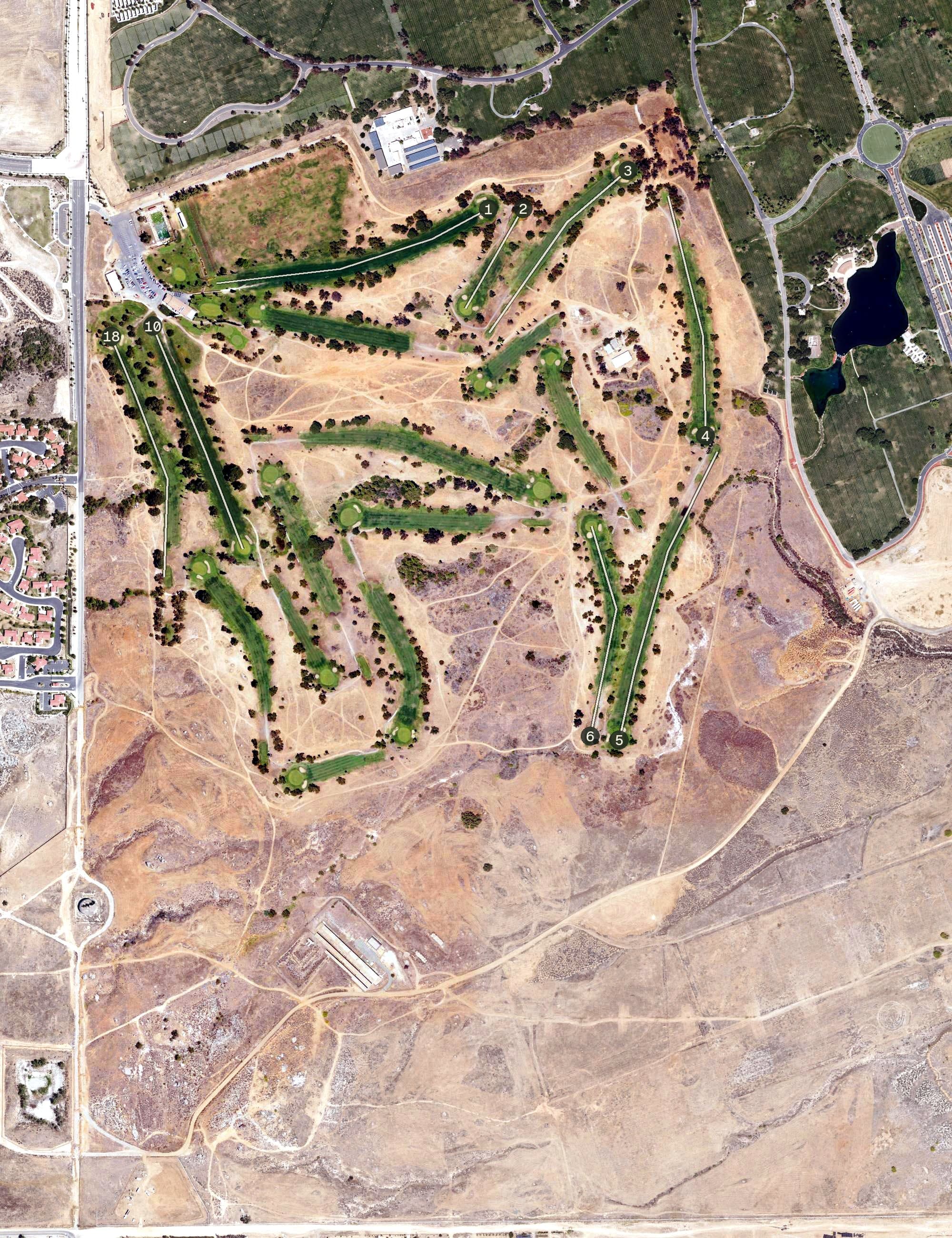 Aerial view of General Old Golf Course, CA, with its hole routing marked