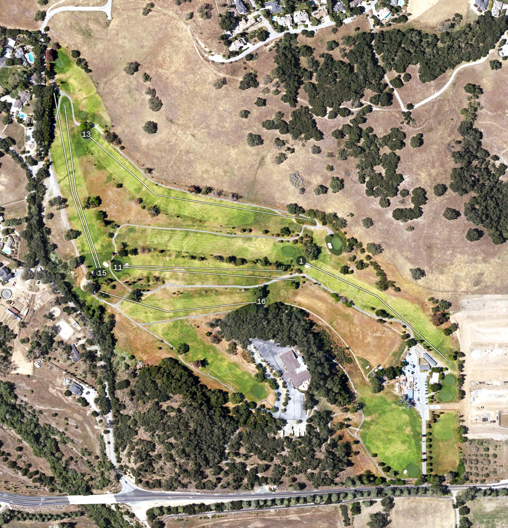 Aerial view of Gilroy Golf Course, CA, with its hole routing marked