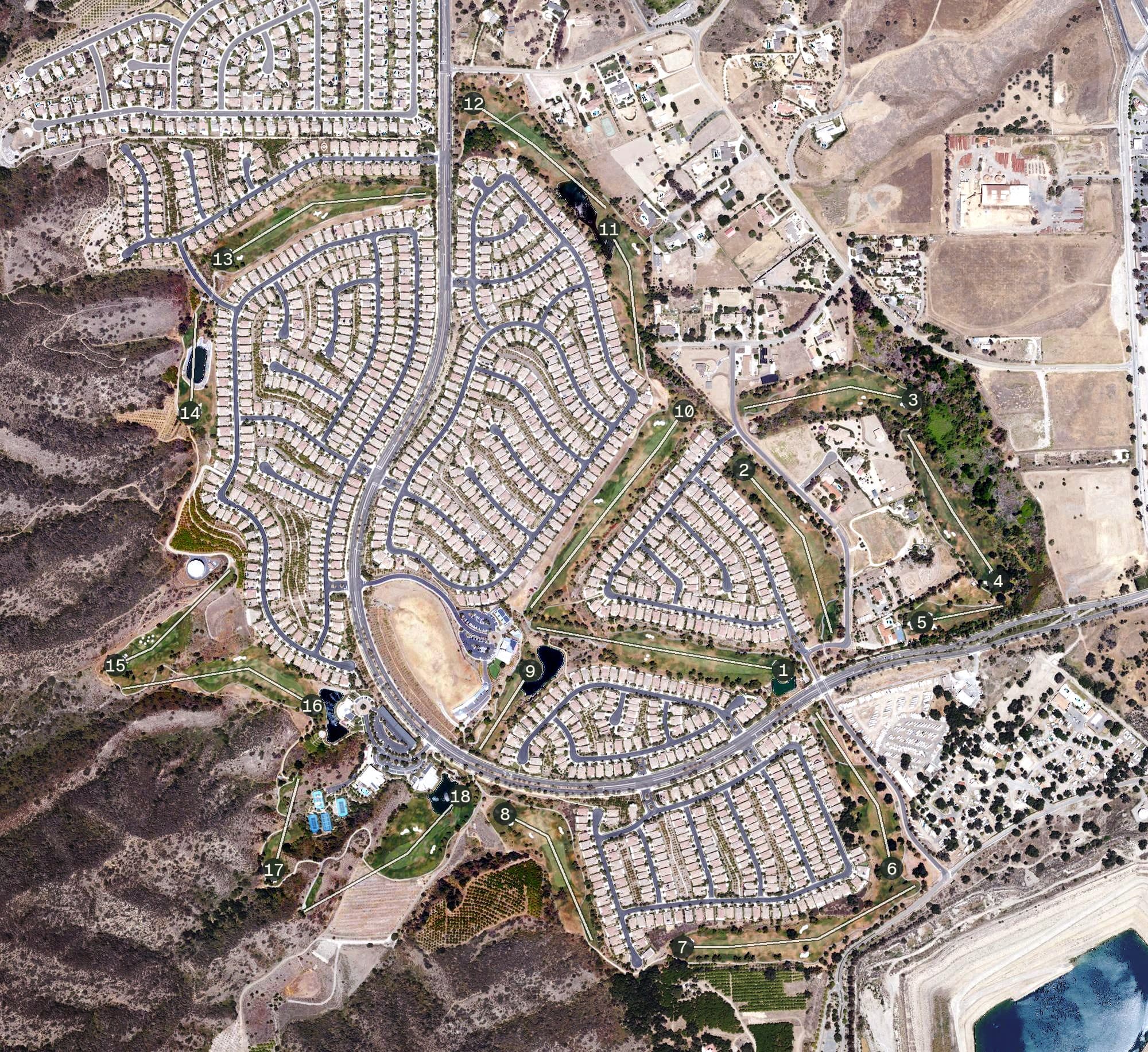Aerial view of Glen Ivy Golf Club, CA, with its hole routing marked