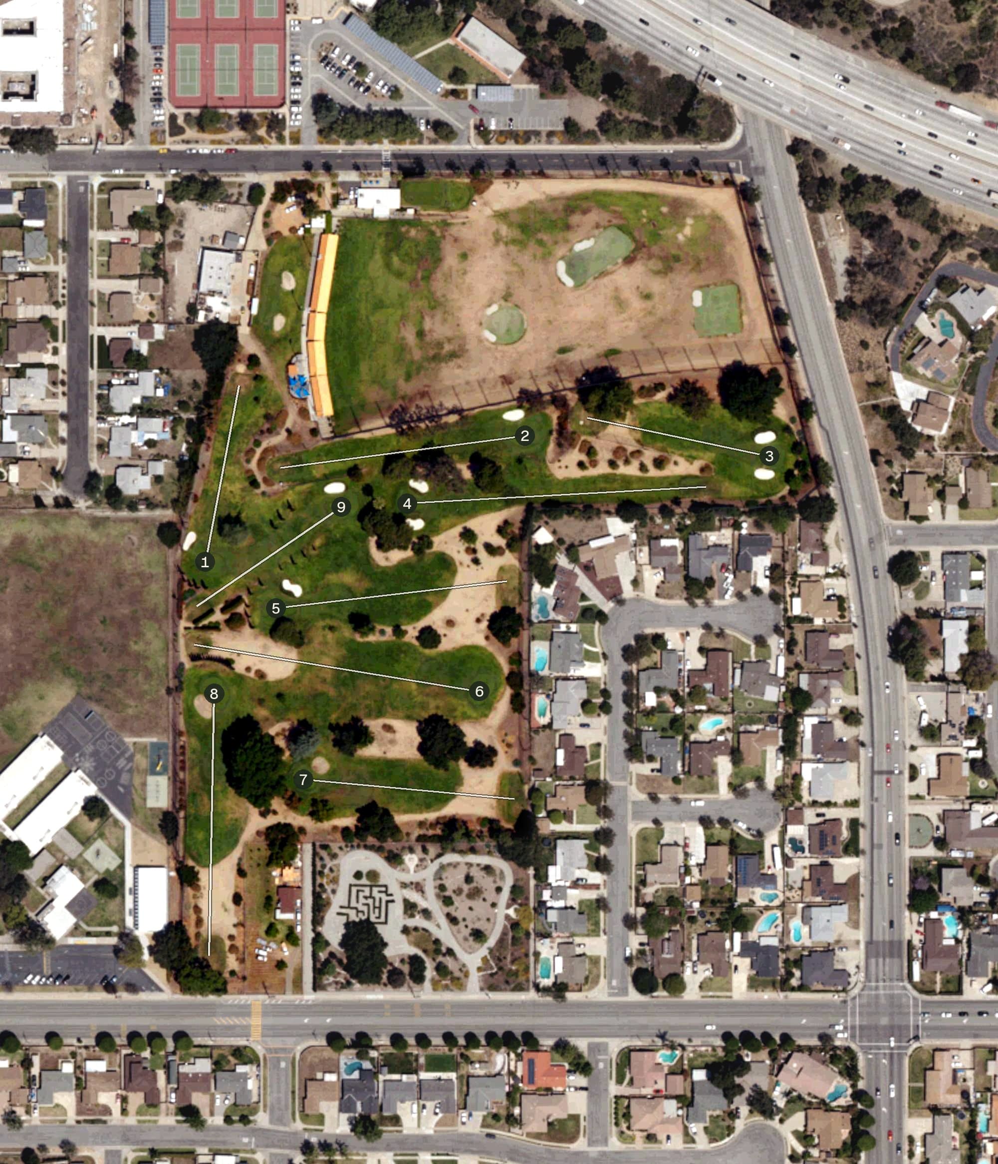 Aerial view of Glen Oaks Golf & Learning Center, CA, with its hole routing marked