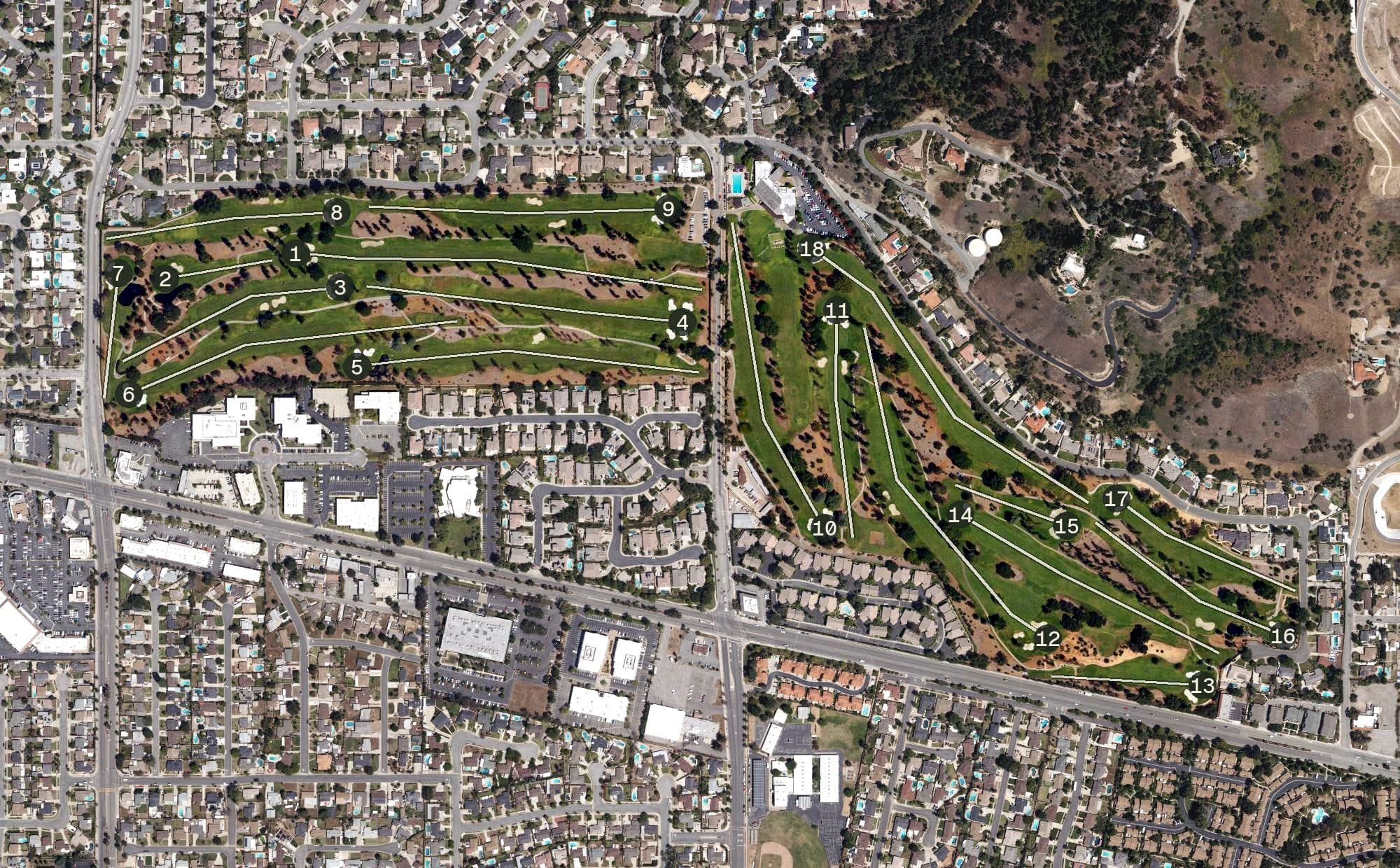 Aerial view of Glendora Country Club, CA, with its hole routing marked