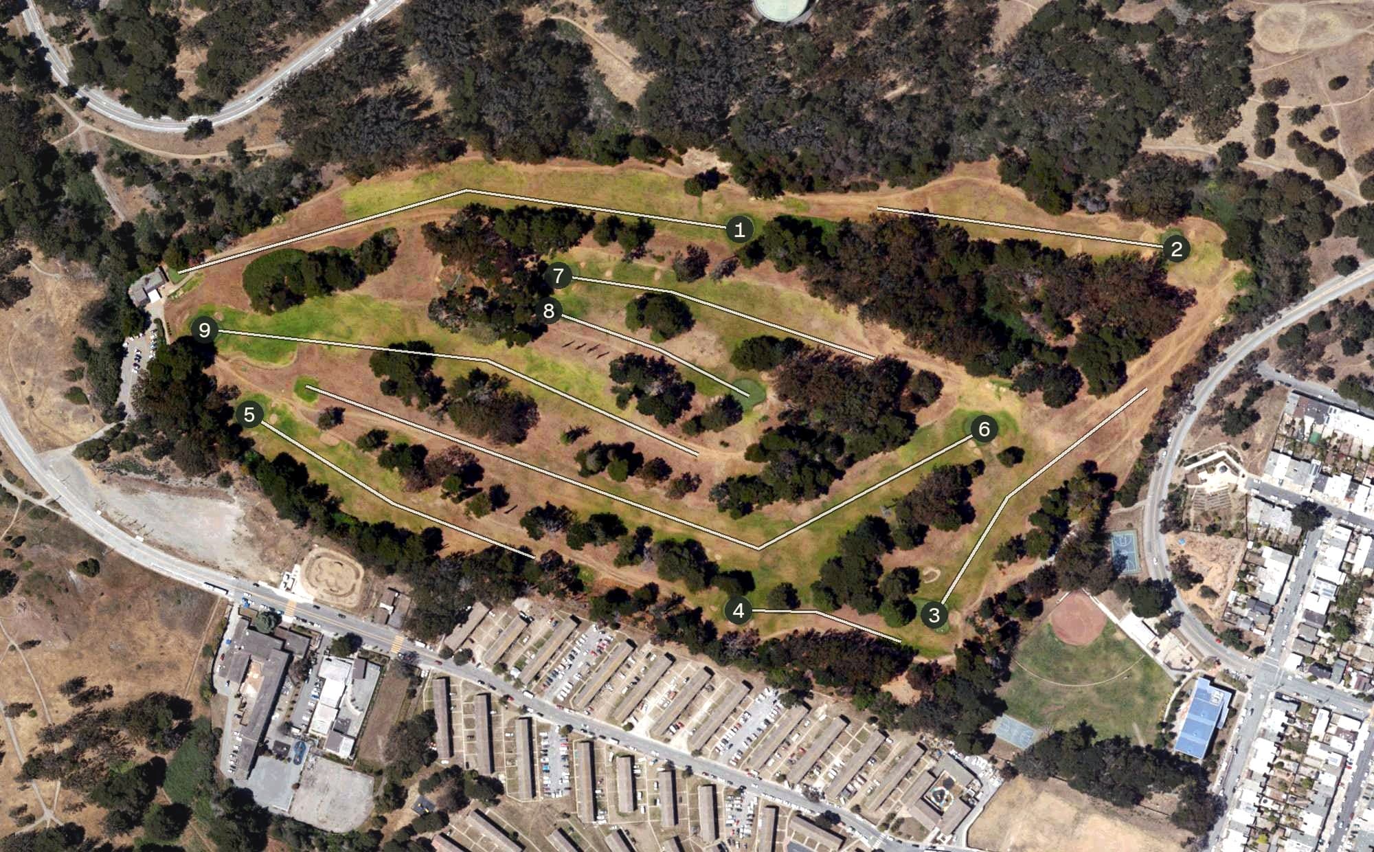 Aerial view of Gleneagles Golf Course, CA, with its hole routing marked