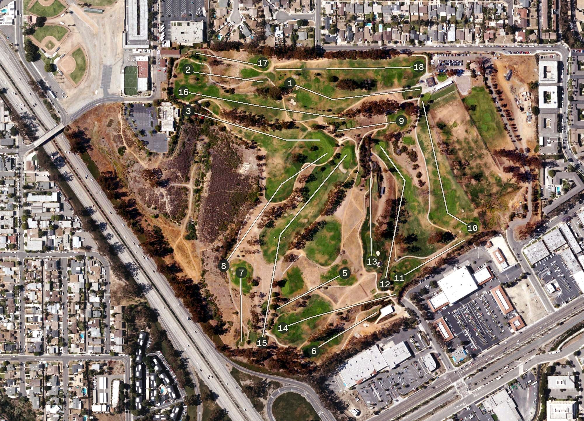 Aerial view of Goat Hill Park Golf Course, CA, with its hole routing marked