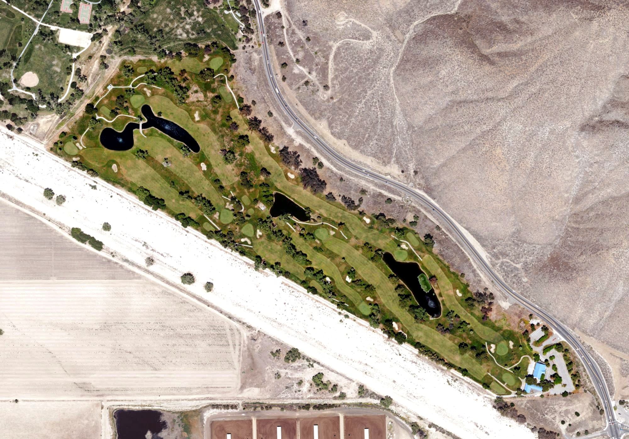 Aerial view of Golden Era Golf Course, CA, with its hole routing marked