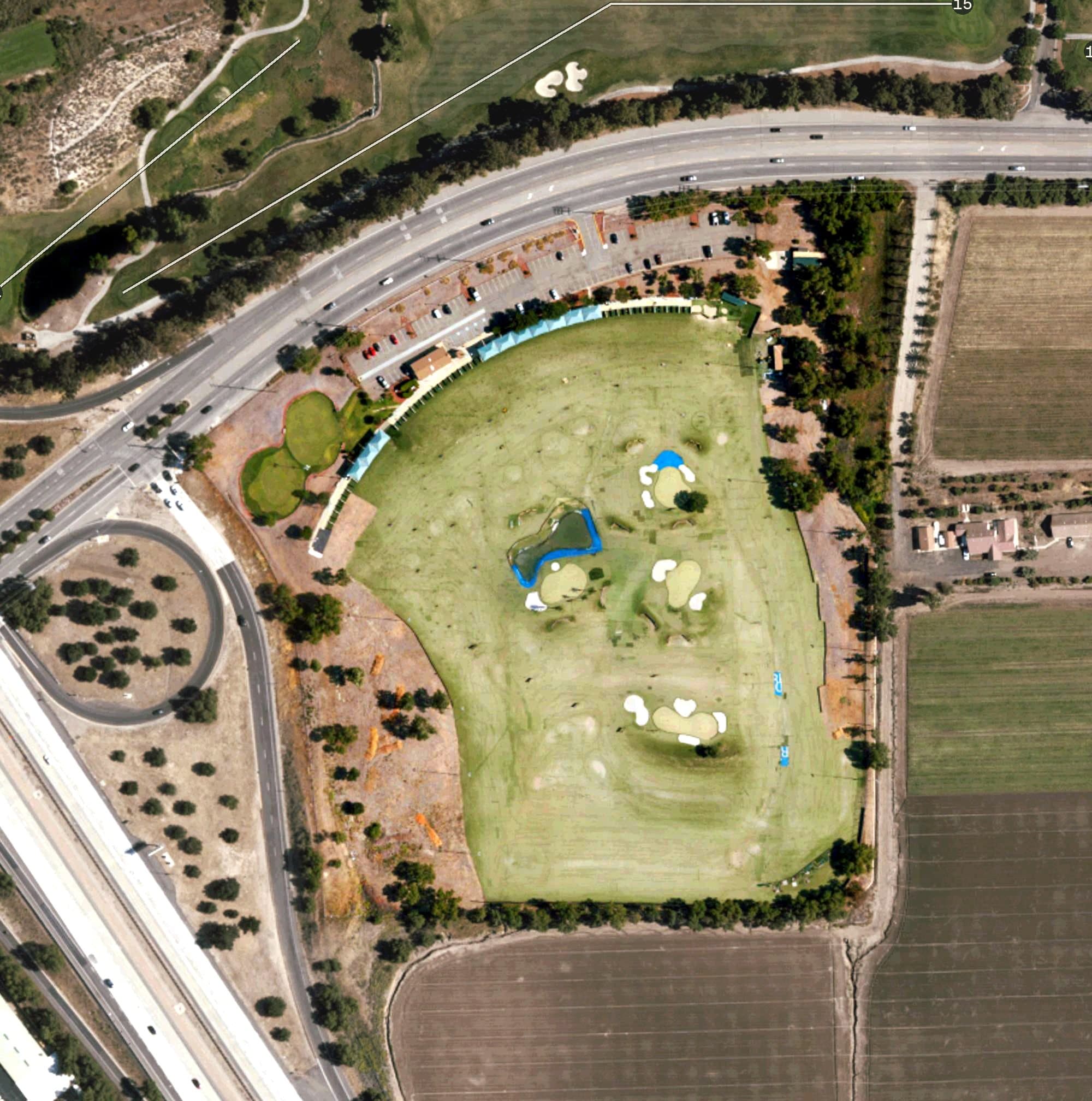 Aerial view of Golf Development Complex, CA, with its hole routing marked