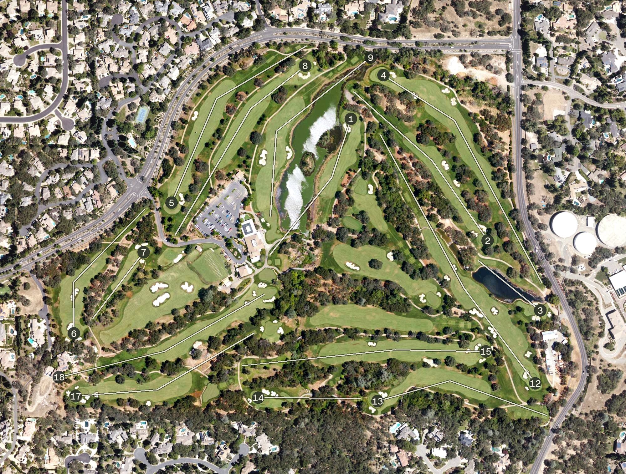 Aerial view of Granite Bay Golf Club, CA, with its hole routing marked