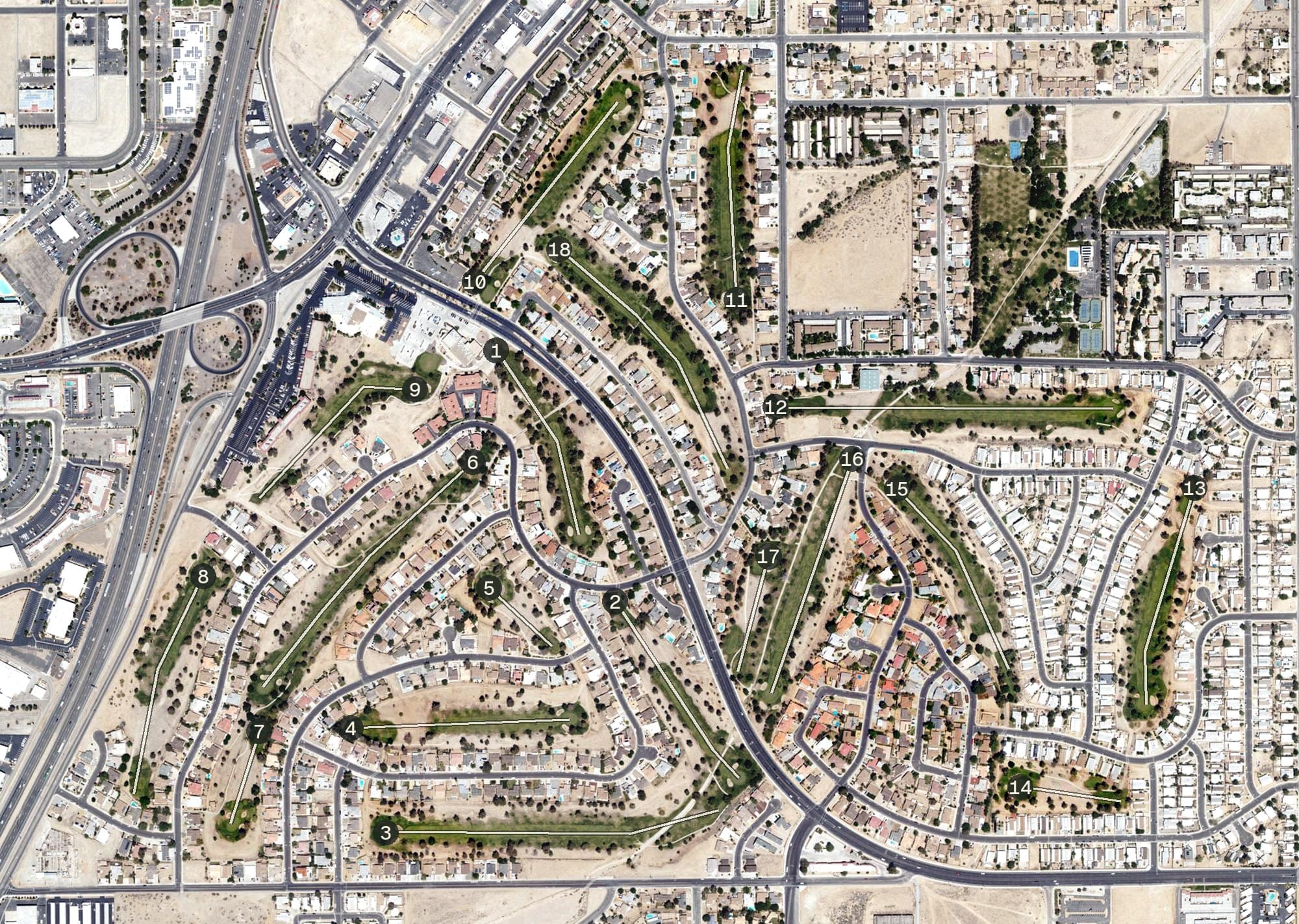 Aerial view of Green Tree Golf Course, CA, with its hole routing marked