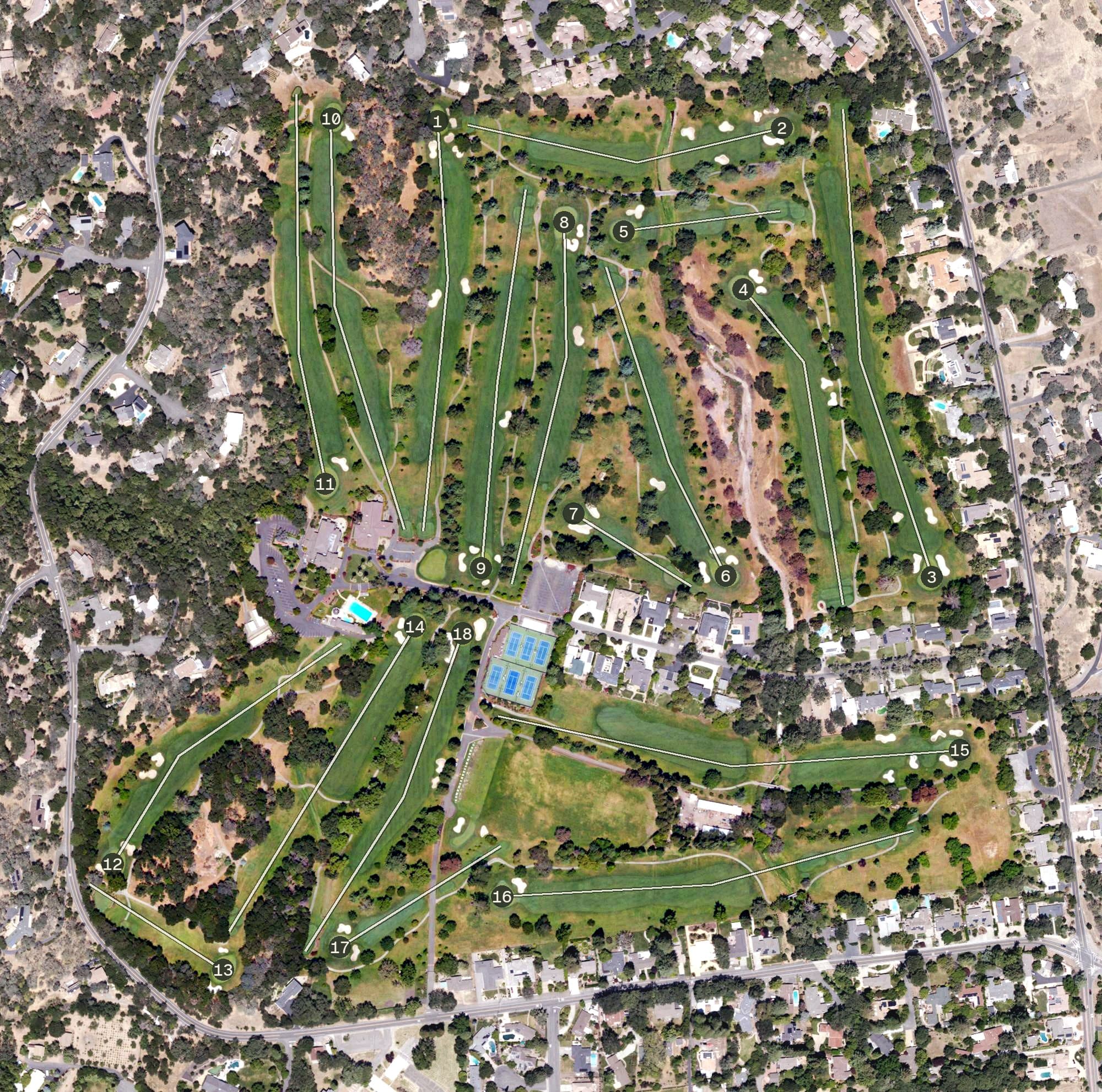 Aerial view of Green Valley Country Club, CA, with its hole routing marked