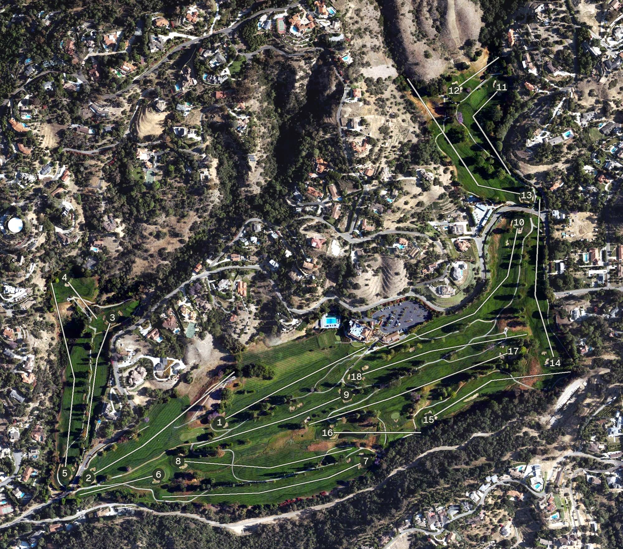 Aerial view of Hacienda Golf Club, CA, with its hole routing marked