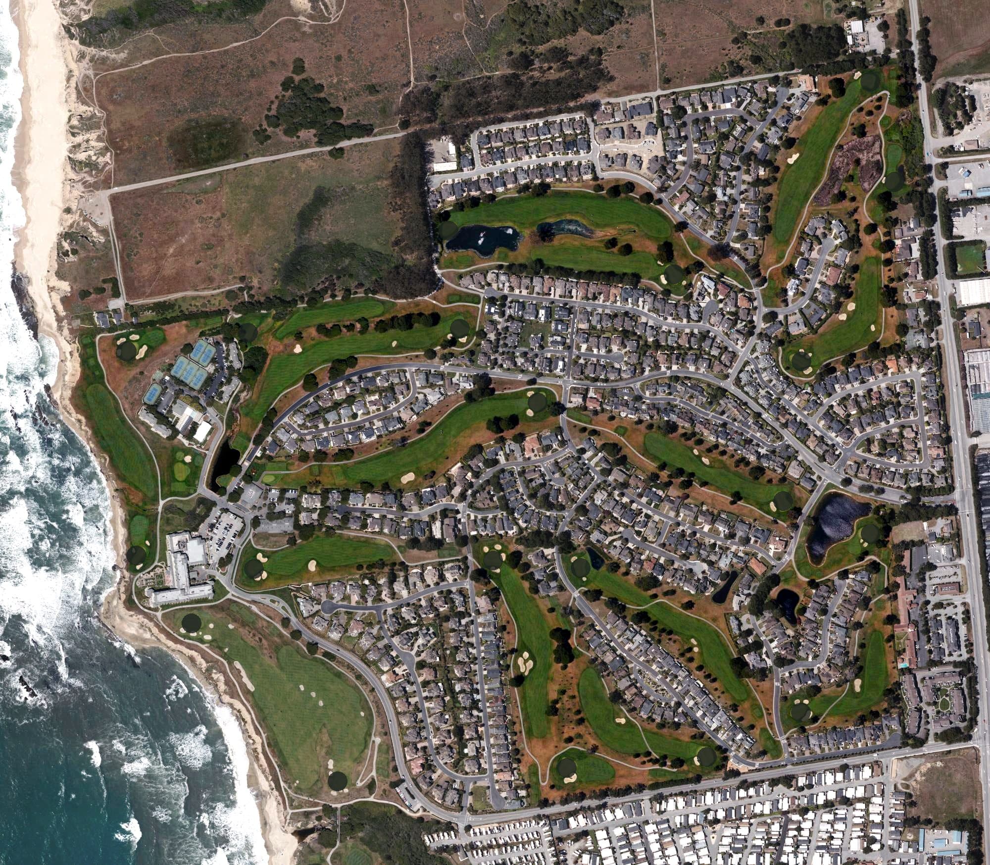 Aerial view of Half Moon Bay Golf Links - The Old Course, CA, with its hole routing marked