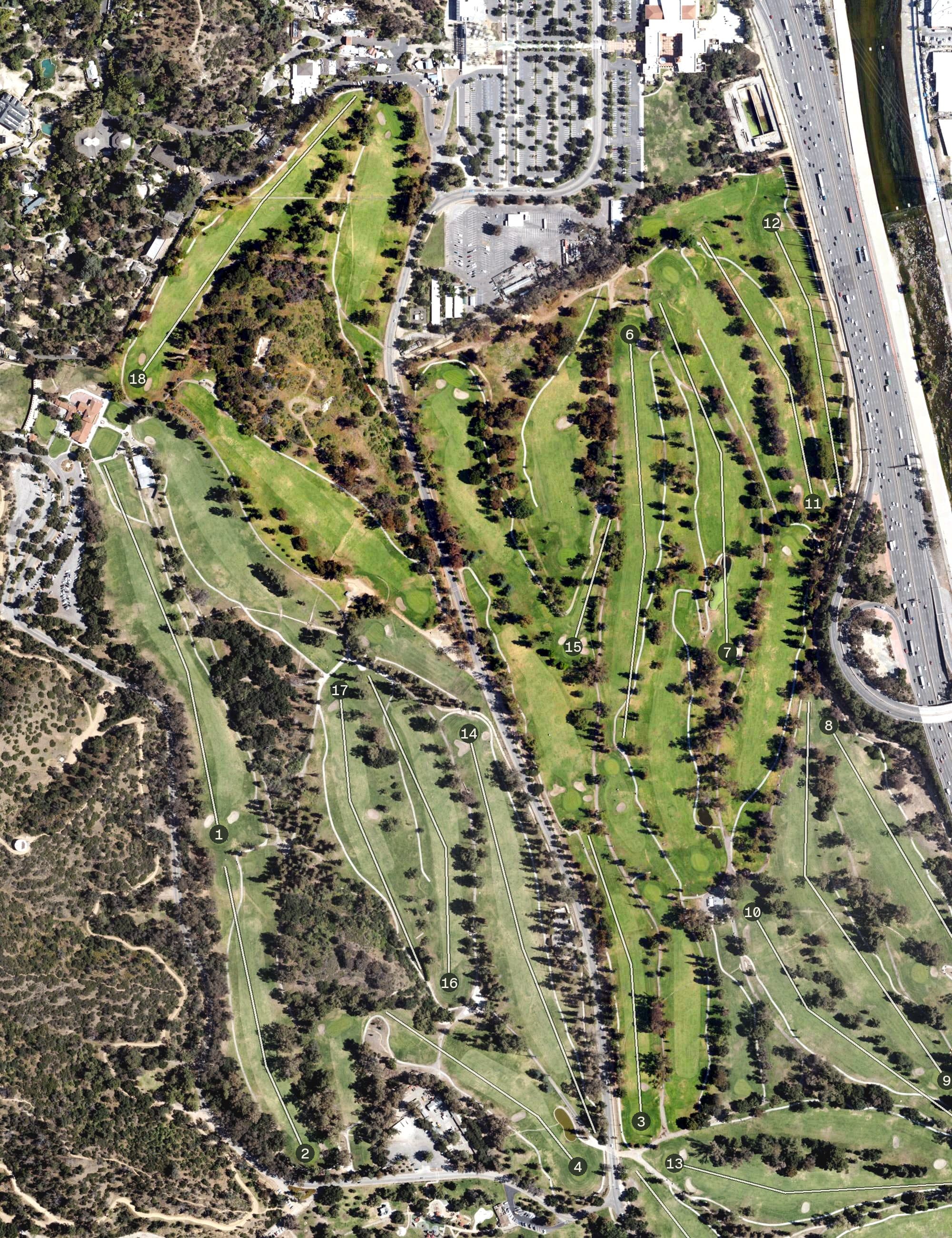 Aerial view of Harding Golf Course, CA, with its hole routing marked