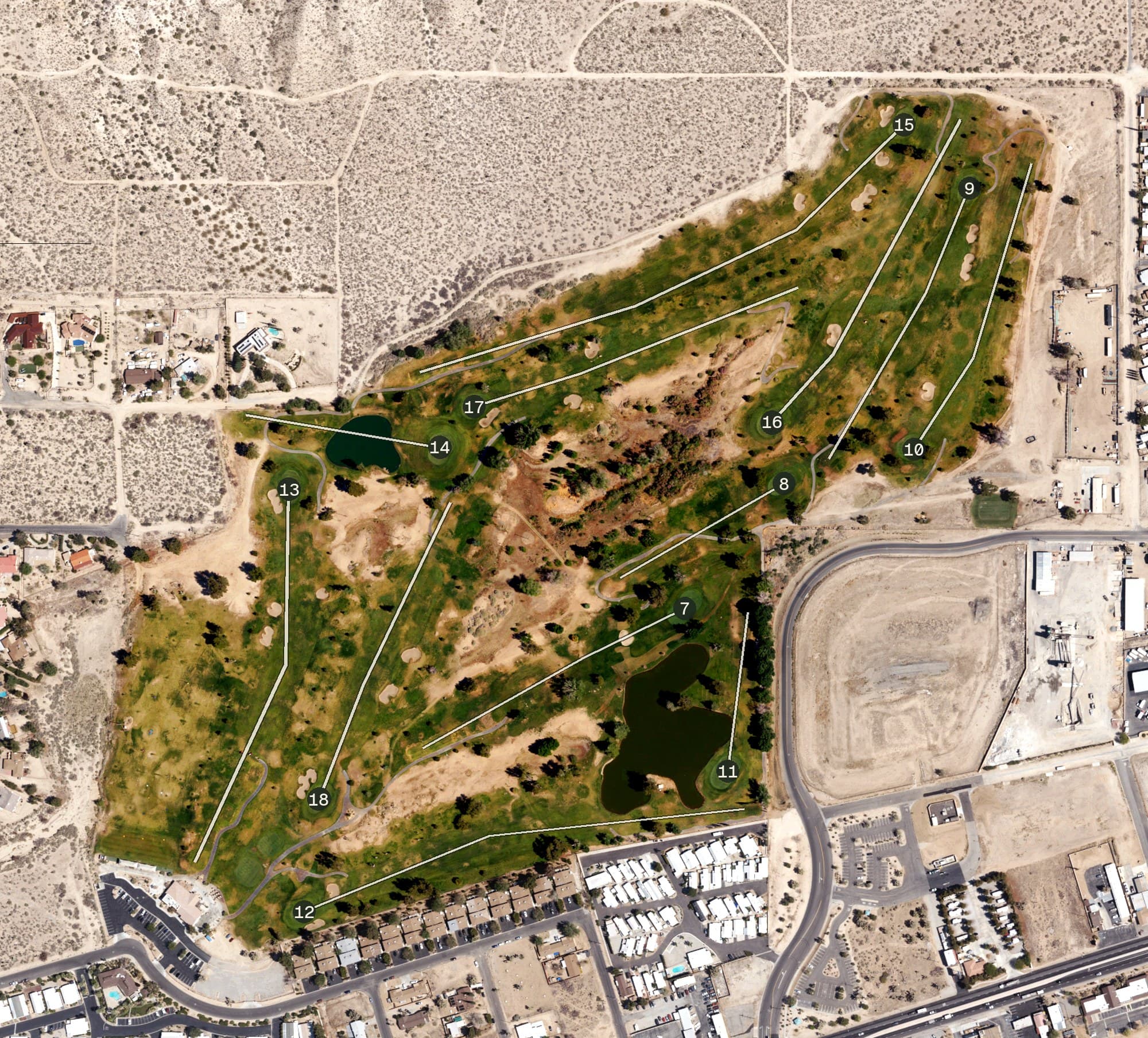Aerial view of Hawk’s Landing Golf Club, CA, with its hole routing marked