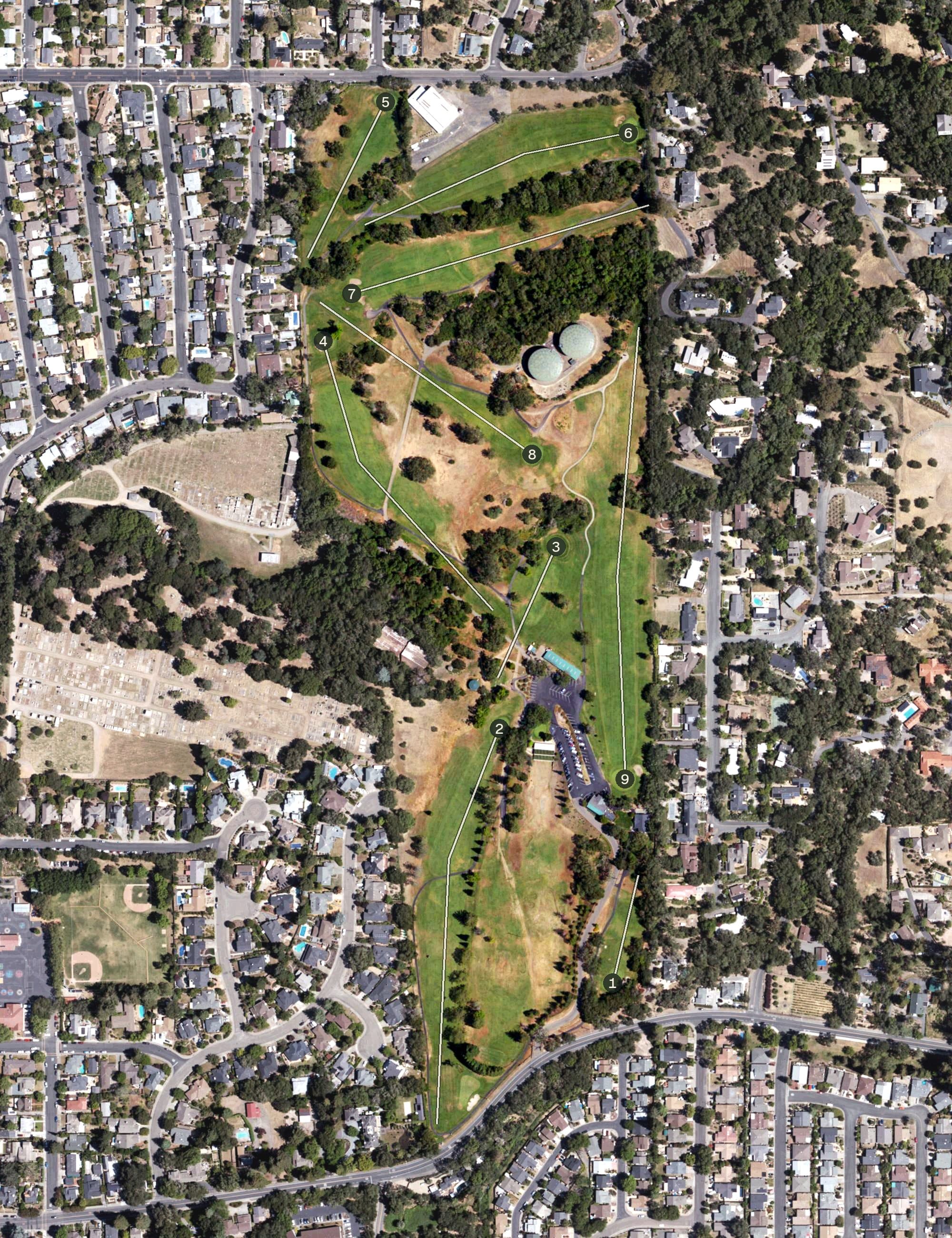 Aerial view of Healdsburg Golf Club at Tayman Park, CA, with its hole routing marked