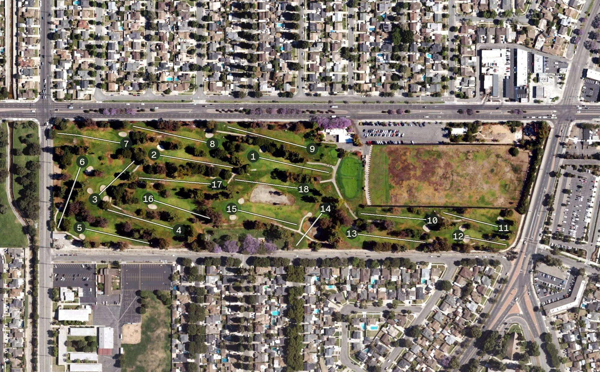 Aerial view of Heartwell Golf Course, CA, with its hole routing marked