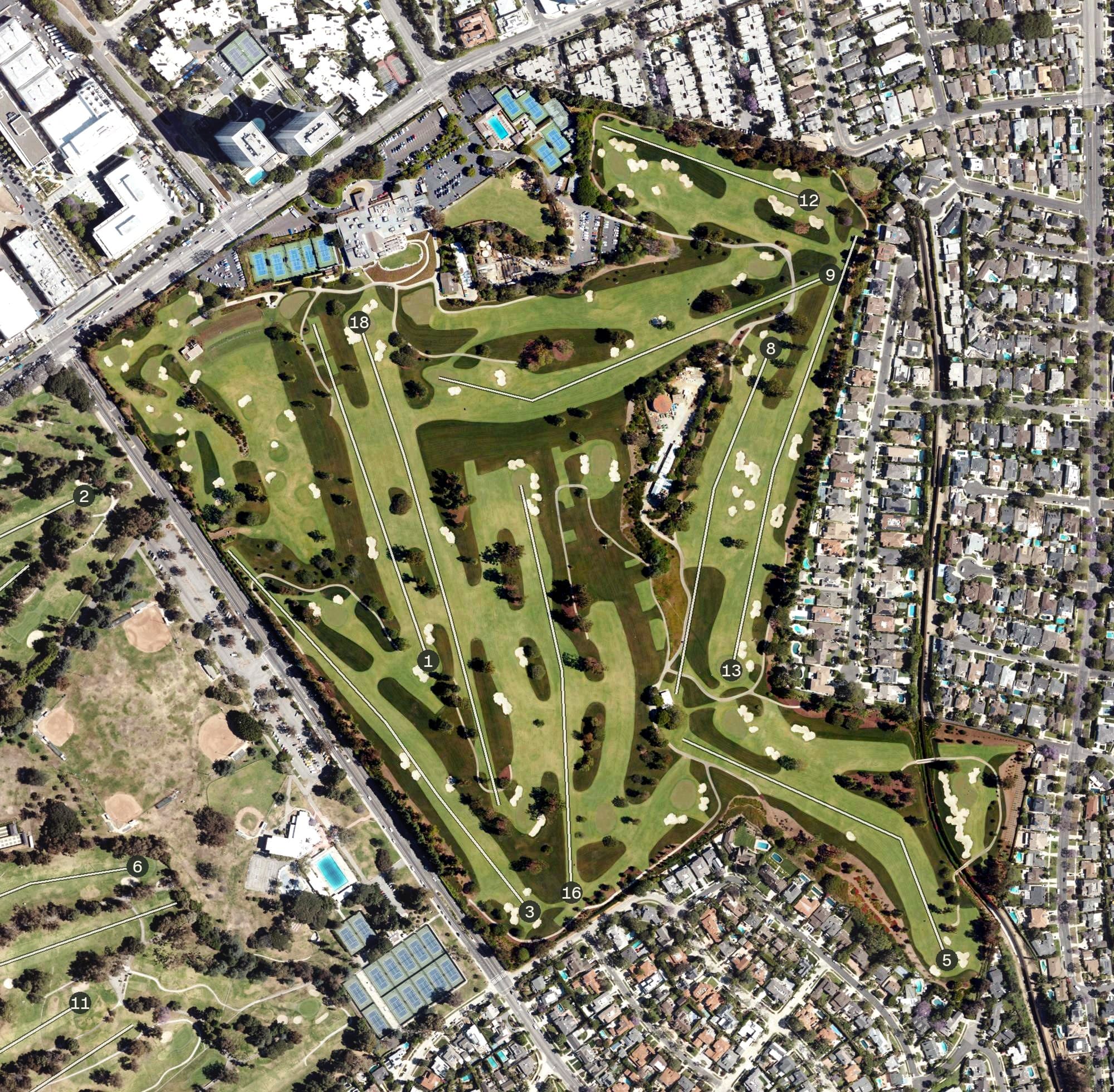 Aerial view of Hillcrest Country Club, CA, with its hole routing marked