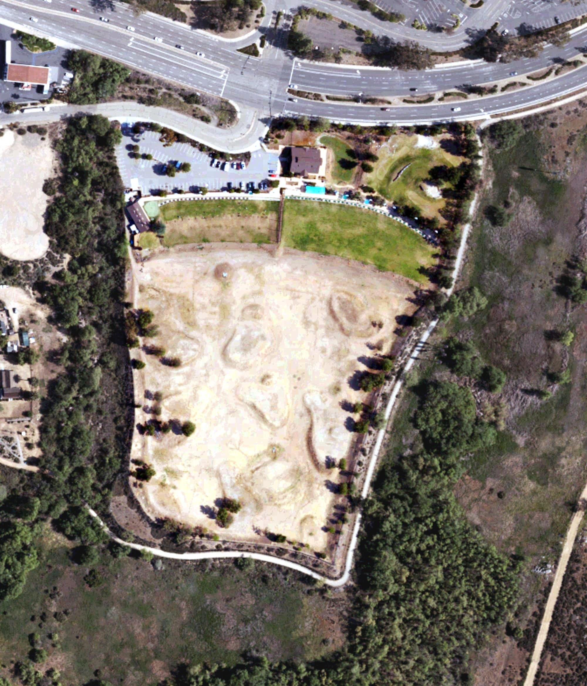 Aerial view of Hodges Golf Learning Center, CA, with its hole routing marked