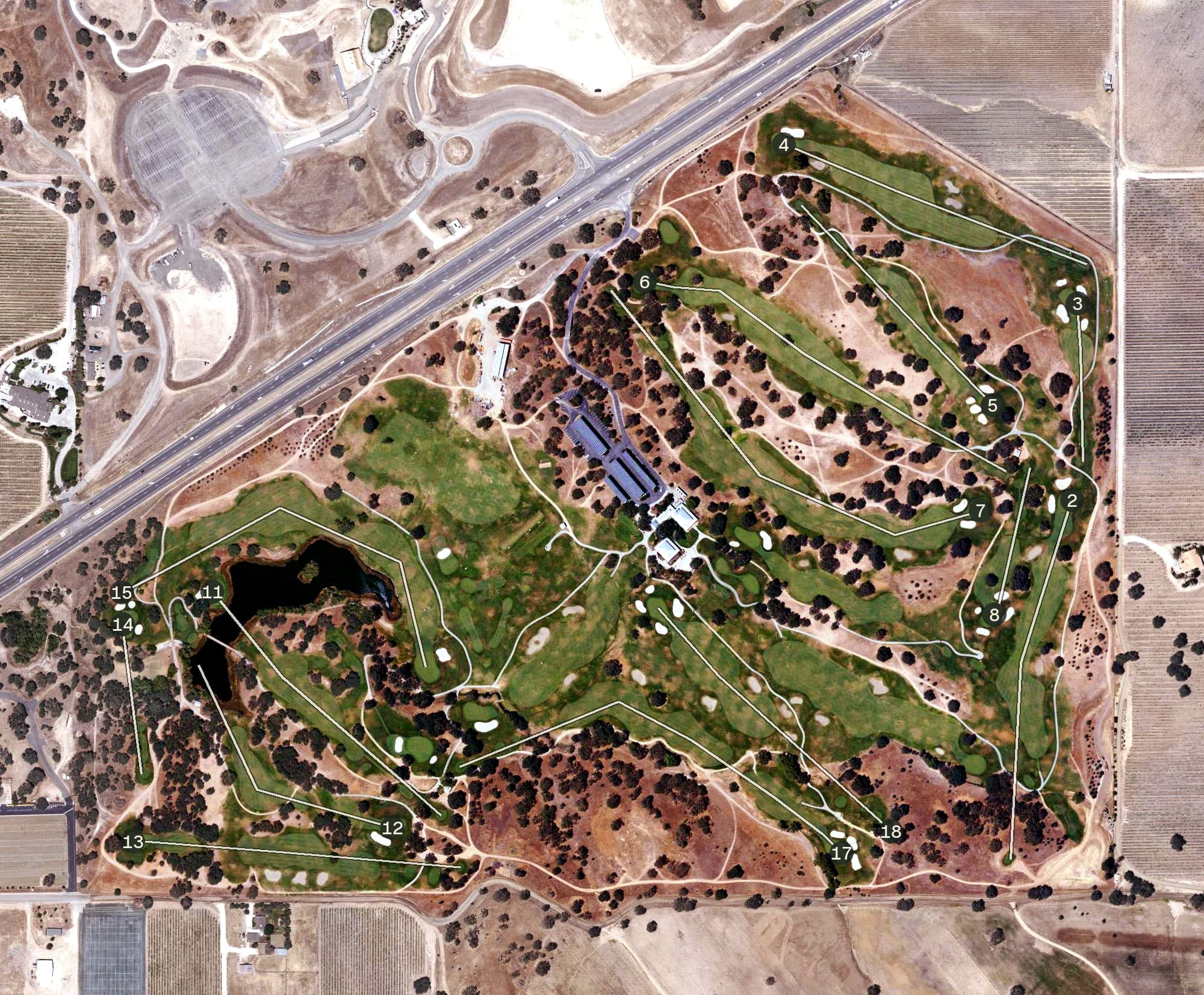 Aerial view of Hunter Ranch Golf Course, CA, with its hole routing marked