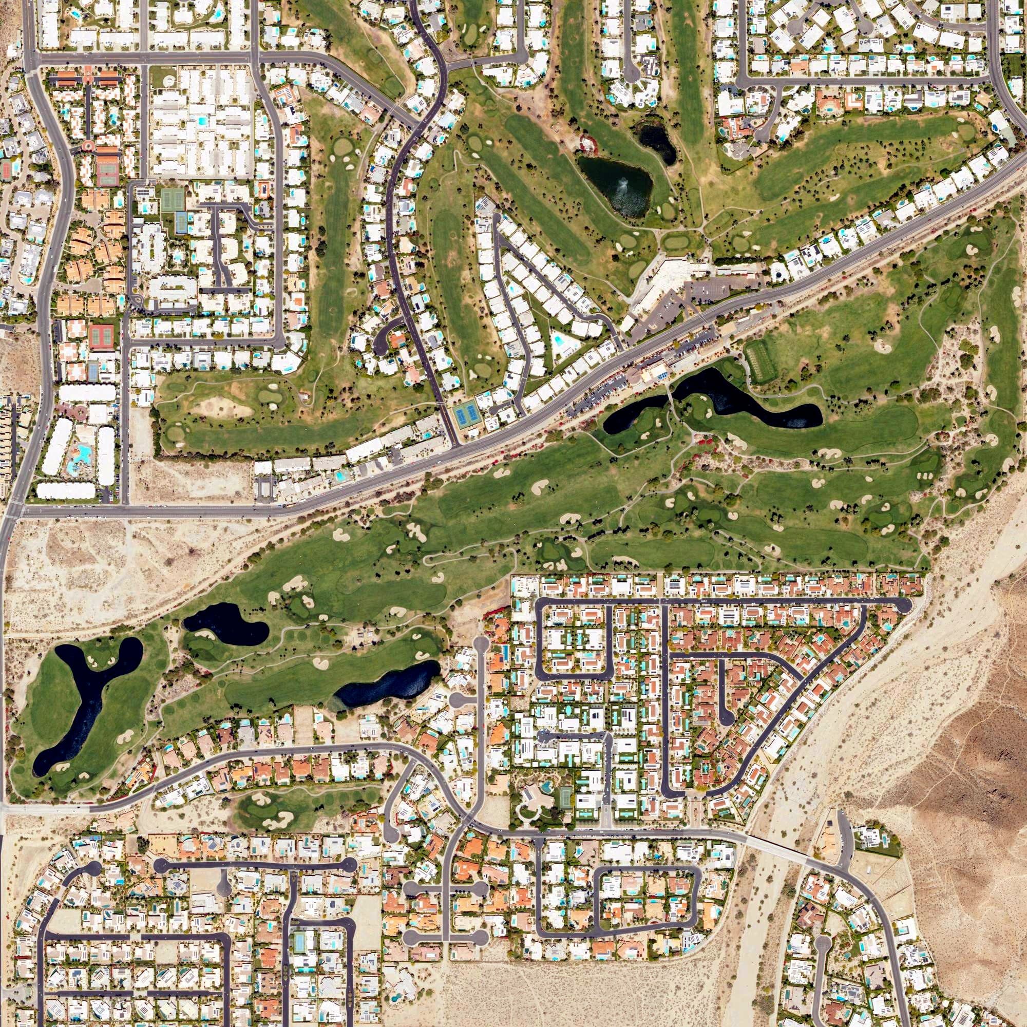Aerial view of Indian Canyons Golf Resort South Golf Course, CA, with its hole routing marked