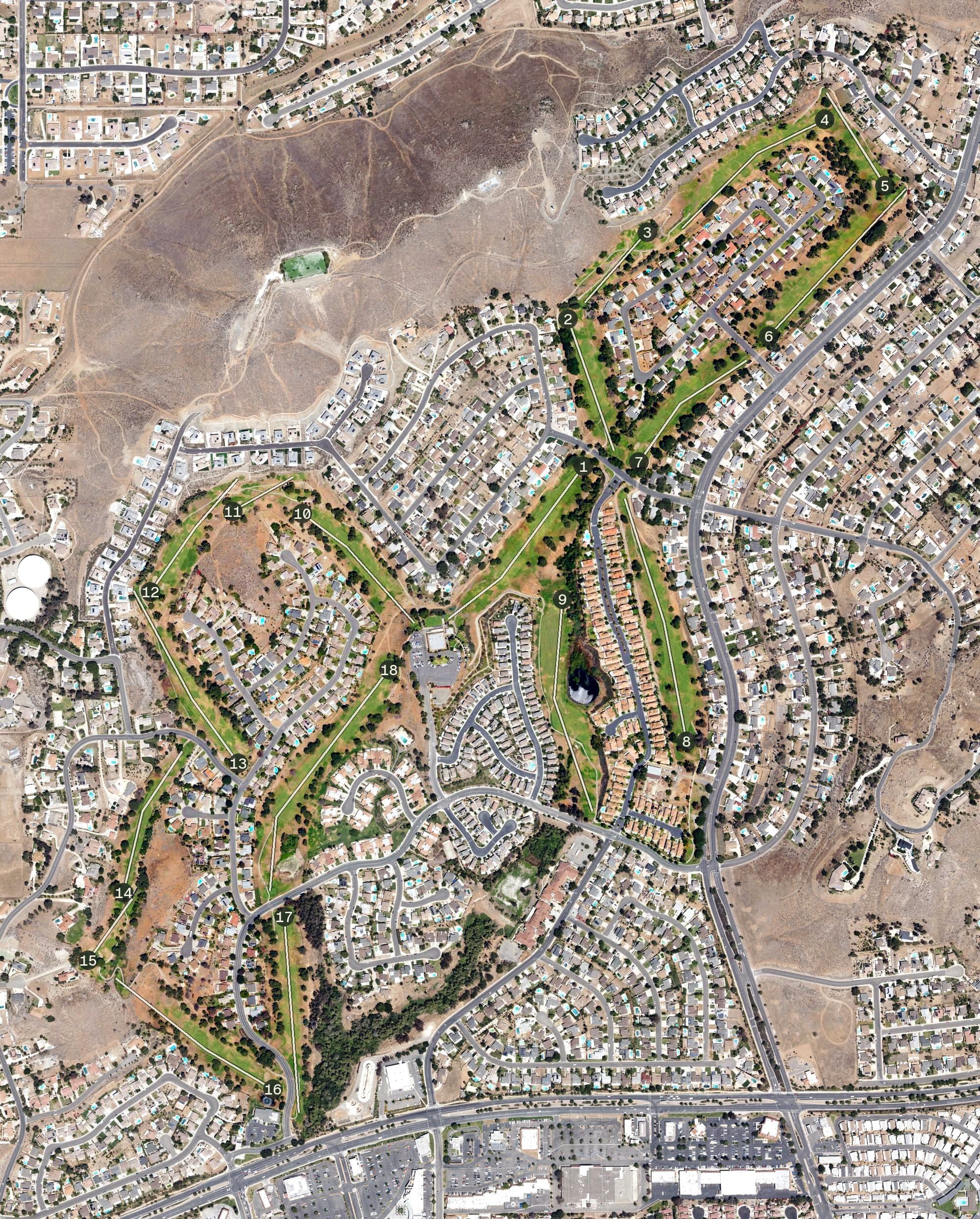 Aerial view of Indian Hills Golf Course, CA, with its hole routing marked