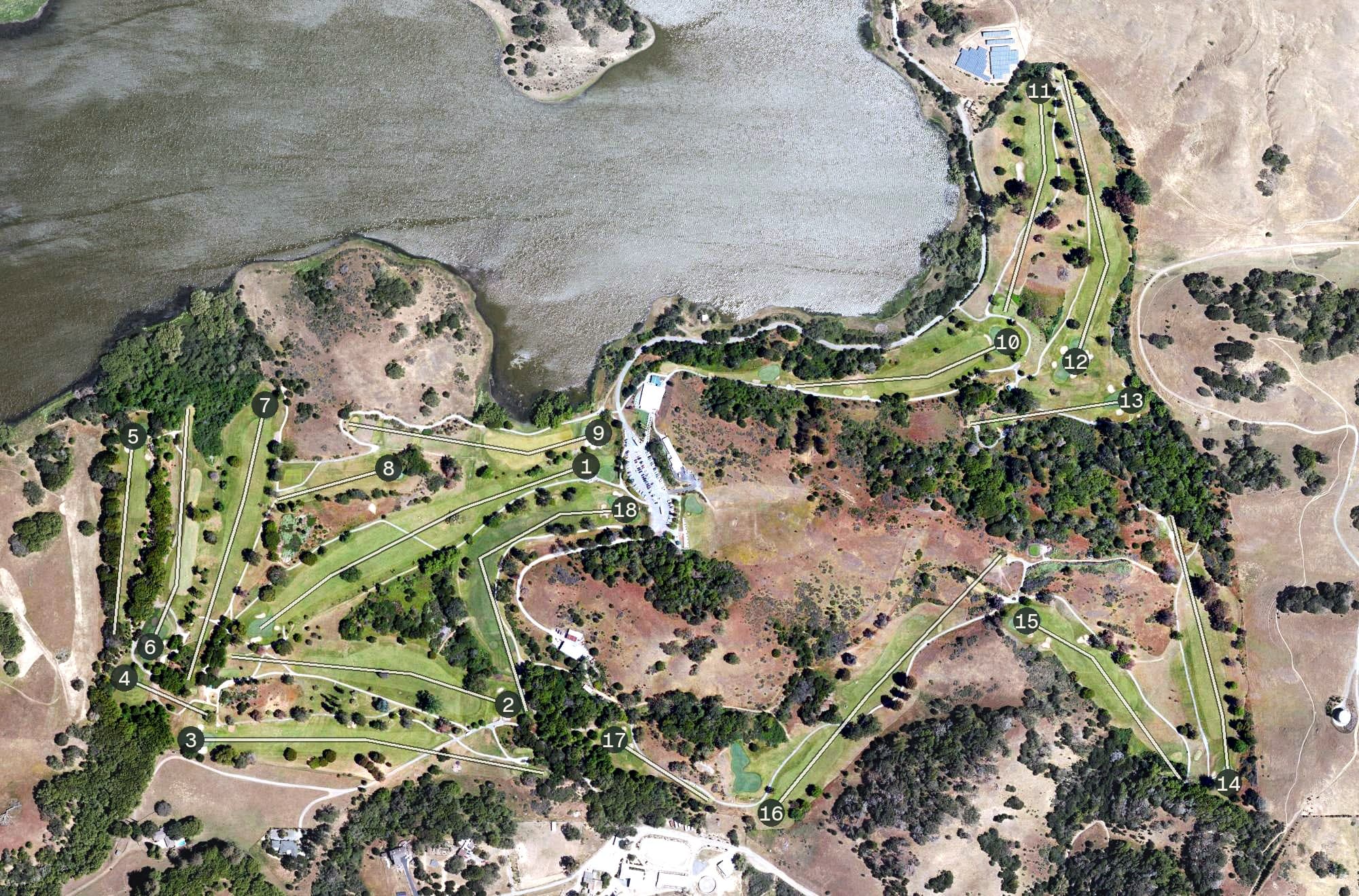 Aerial view of Indian Valley Golf Club, CA, with its hole routing marked