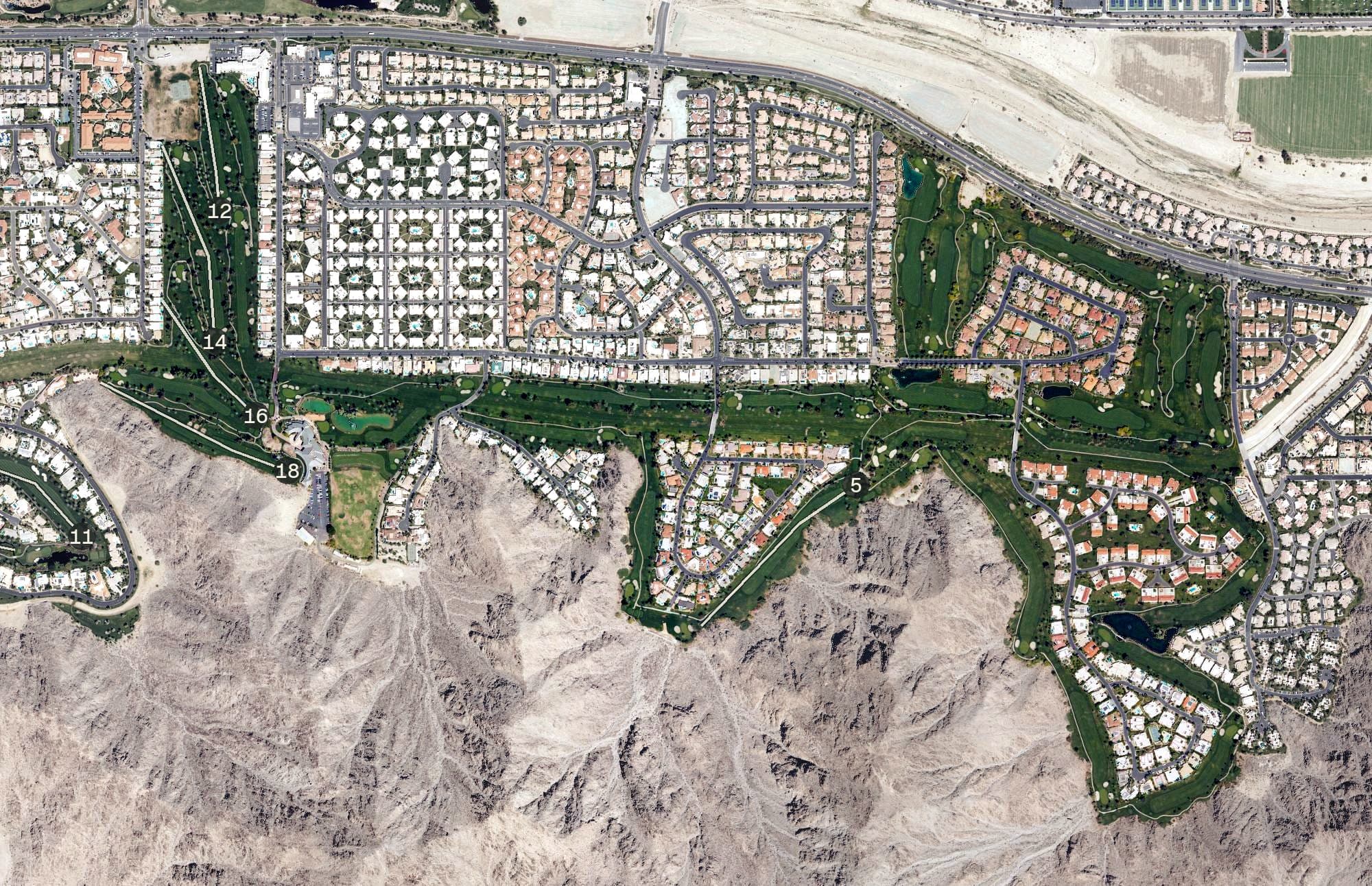 Aerial view of Indian Wells Country Club, CA, with its hole routing marked