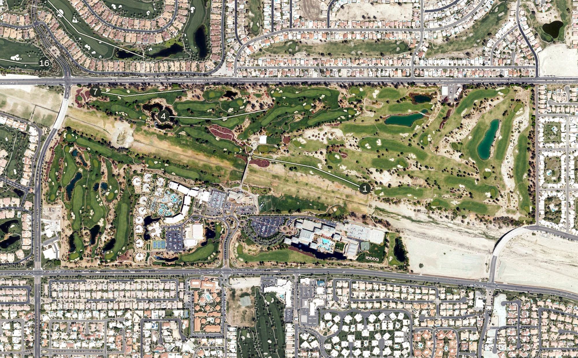 Aerial view of Indian Wells Golf Resort, CA, with its hole routing marked