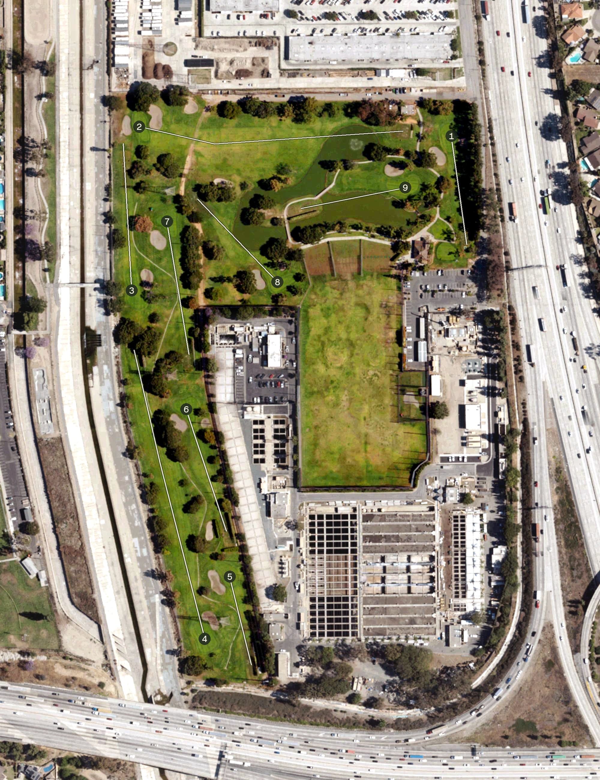 Aerial view of Iron-Wood Nine Golf Course, CA, with its hole routing marked