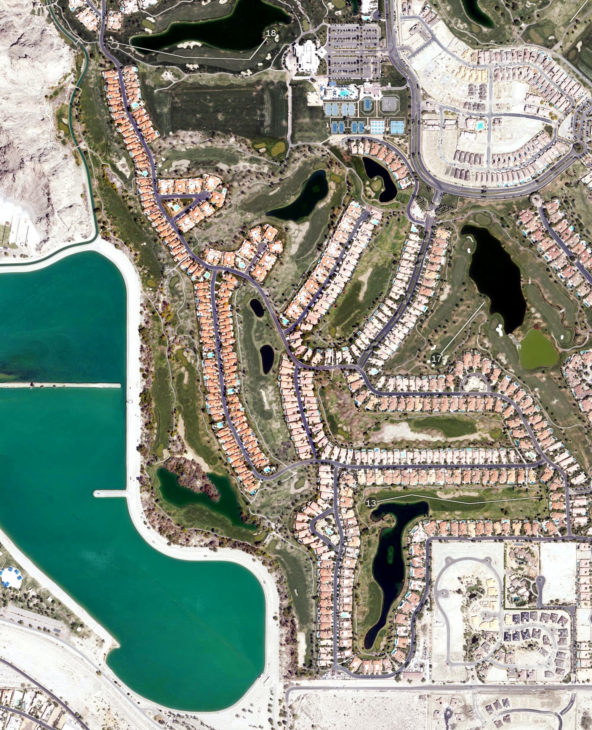 Aerial view of Jack Nicklaus Private Golf Course (PGA West), CA, with its hole routing marked