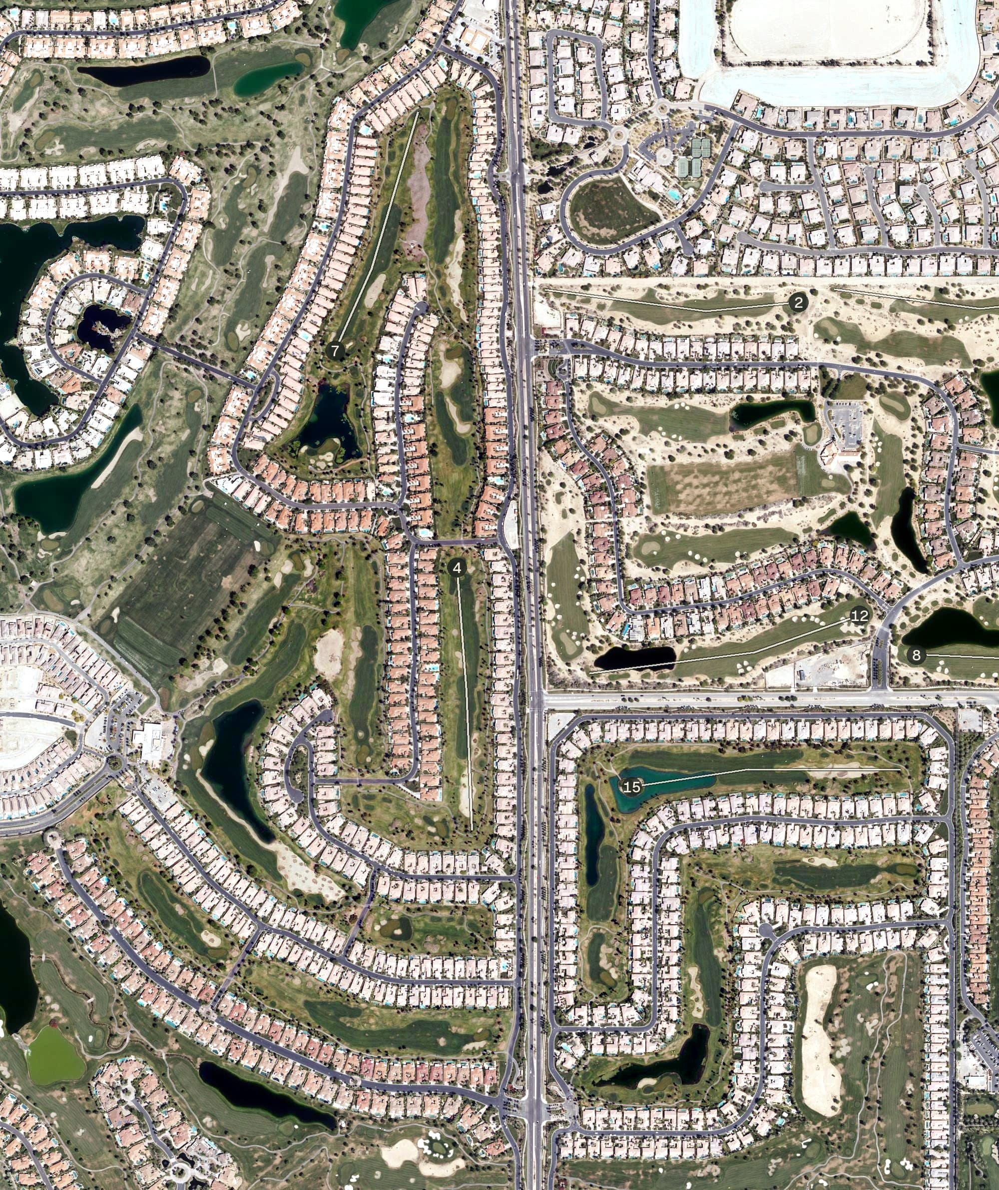 Aerial view of Jack Nicklaus Resort Golf Course, CA, with its hole routing marked